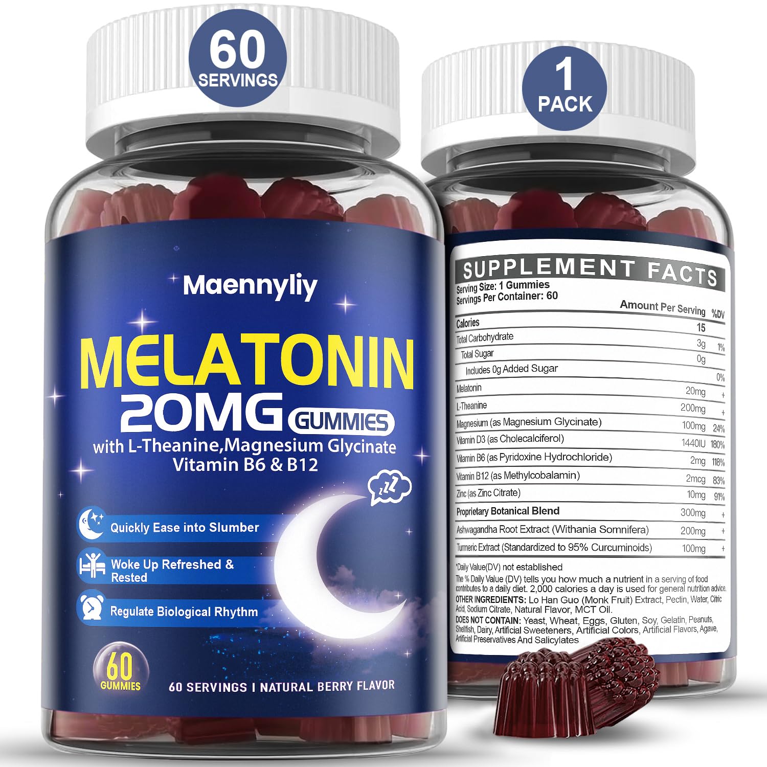 Maennyliy Melatonin 20mg Gummies for Adults - Sugar Free Melatonin Gummies | Extra Strength with L-Theanine, Magnesium, Ashwagandha, Turmeric, D3 & Zinc - Non-Habit Forming, Vegan, Non-GMO, 120 Gummies