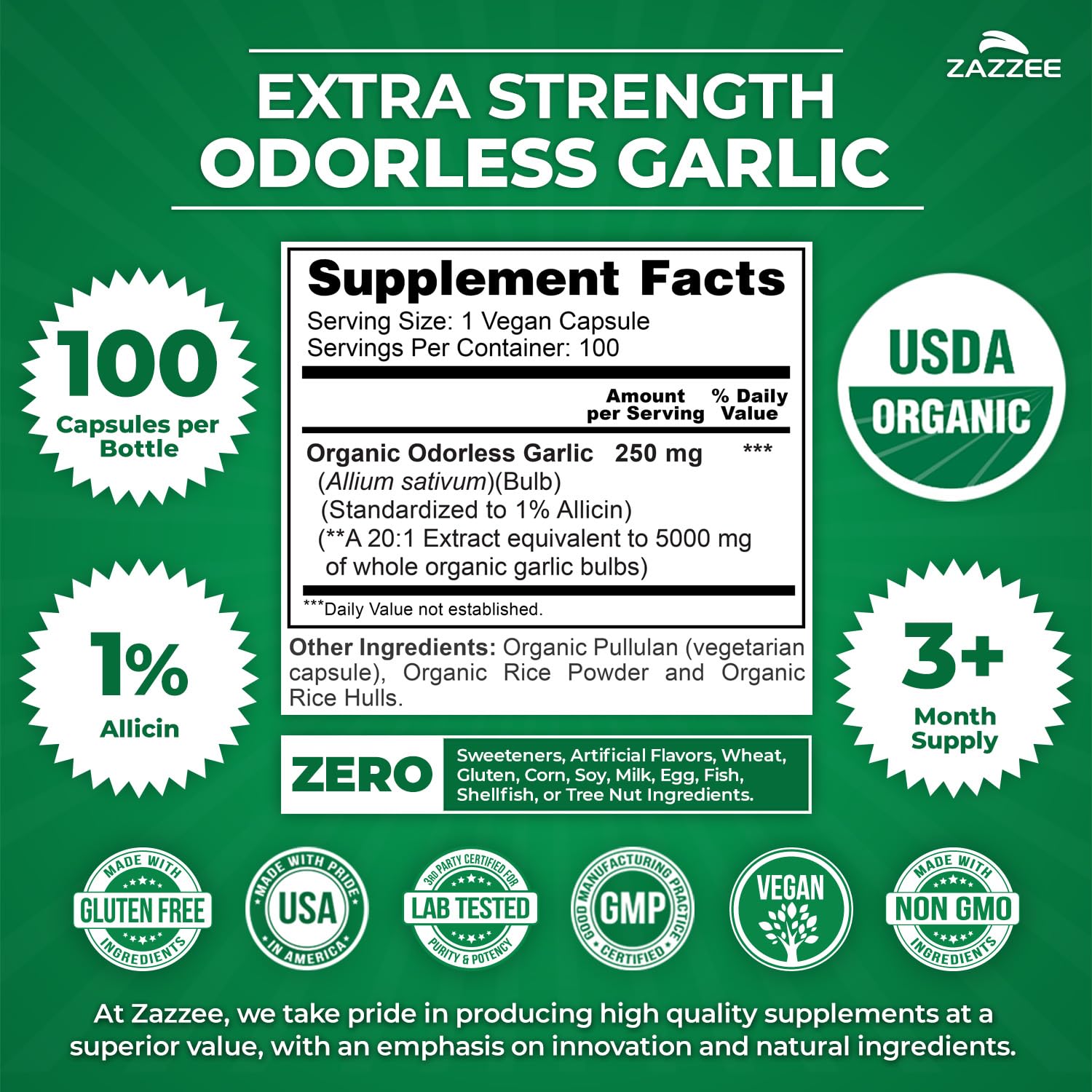 Zazzee USDA Organic Odorless Garlic 20:1 Extract, 1% Allicin, 100 Capsules | Vegan, 3+ Month Supply, Allium Sativum, Immune, Circulation & Heart Health Support, All-Natural, Non-GMO, Made in the USA
