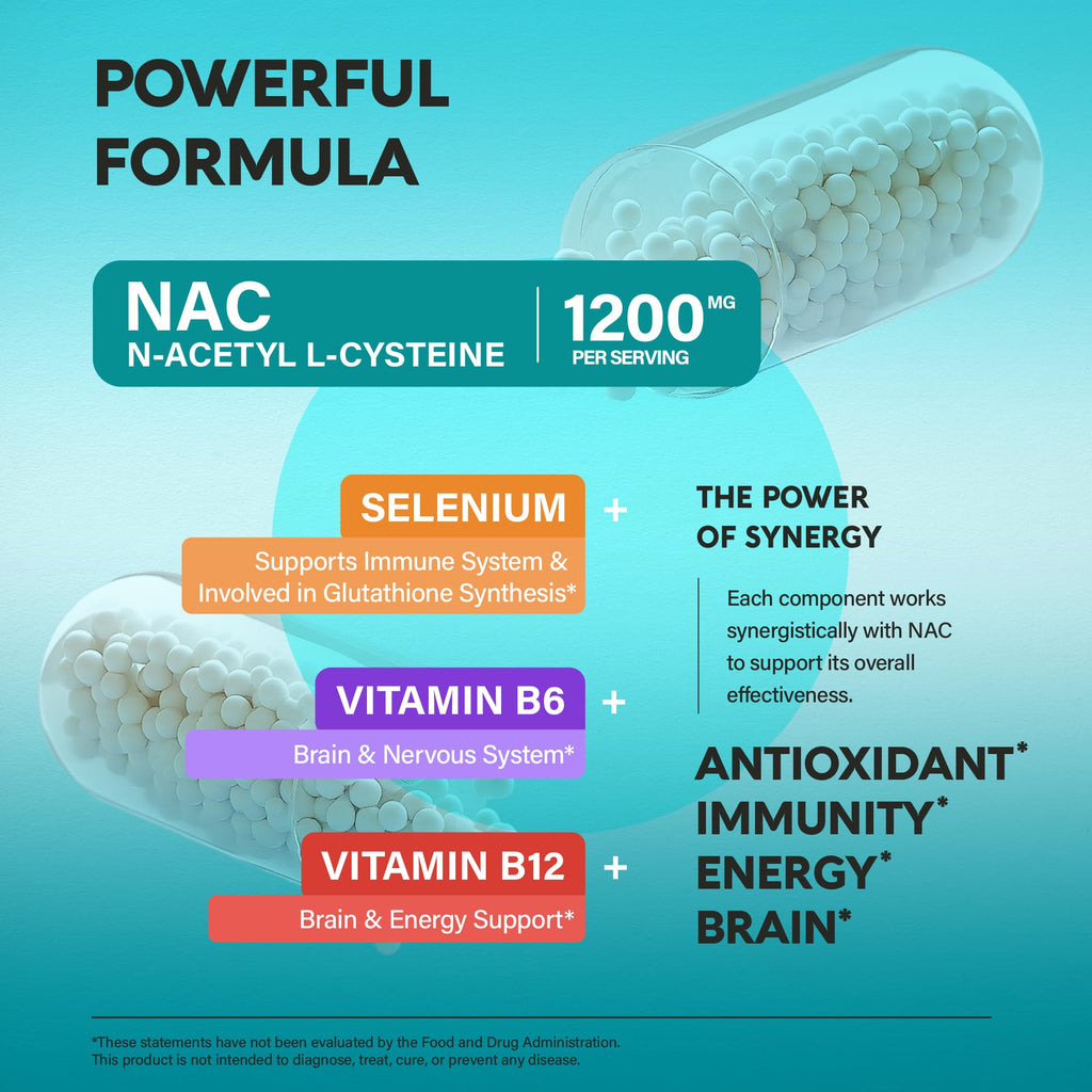 NAC Supplement with Selenium, B6 & B12 - NAC 1200 mg - Lab Tested, 120 Caps | N Acetyl Cysteine 600 mg/caps, 1200 mg/serving - Antioxidant & Immune Support - Non-GMO, Gluten-Free, Vegan - 60-Day Supply