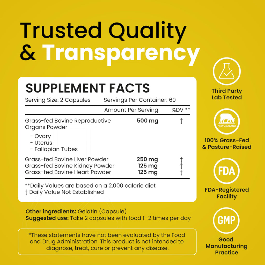 Beef Organ Supplement for Women - Hormone Balance, Iron Support, Immunity | 6-in-1 Beef Organ Complex, 100% Grass-Fed & Finished, New Zealand-Sourced, Freeze-Dried, USA-Made & Lab Tested, Zero Fillers