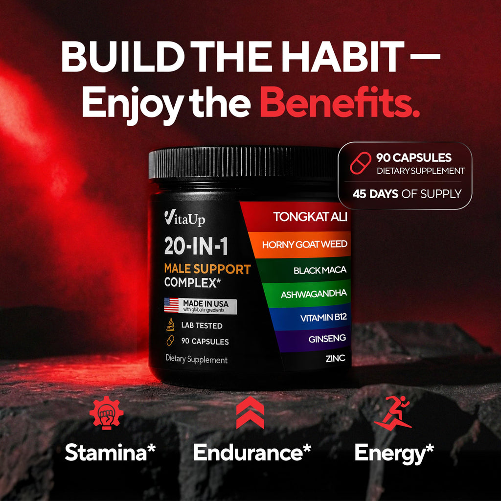 Men Supplements 20 in 1 - Male Supplements with Tongkat Ali, Black Maca Root for Men, Zinc, Vitamin B12, Astragalus for Normal Energy Support - 90 Vegan Caps