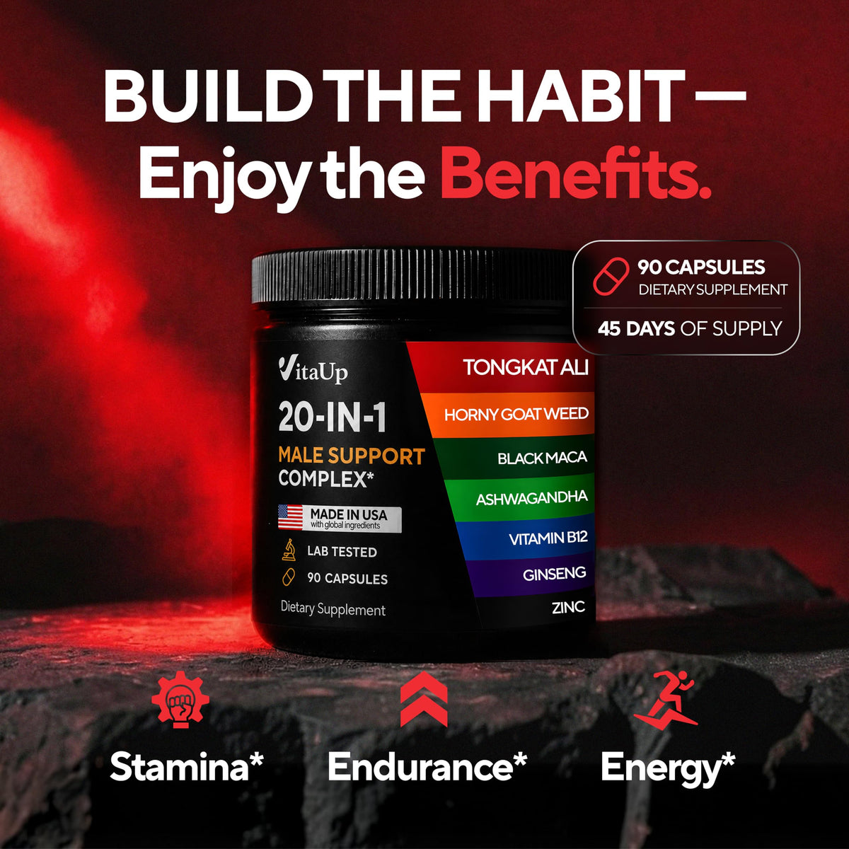Men Supplements 20 in 1 - Male Supplements with Tongkat Ali, Black Maca Root for Men, Zinc, Vitamin B12, Astragalus for Normal Energy Support - 90 Vegan Caps