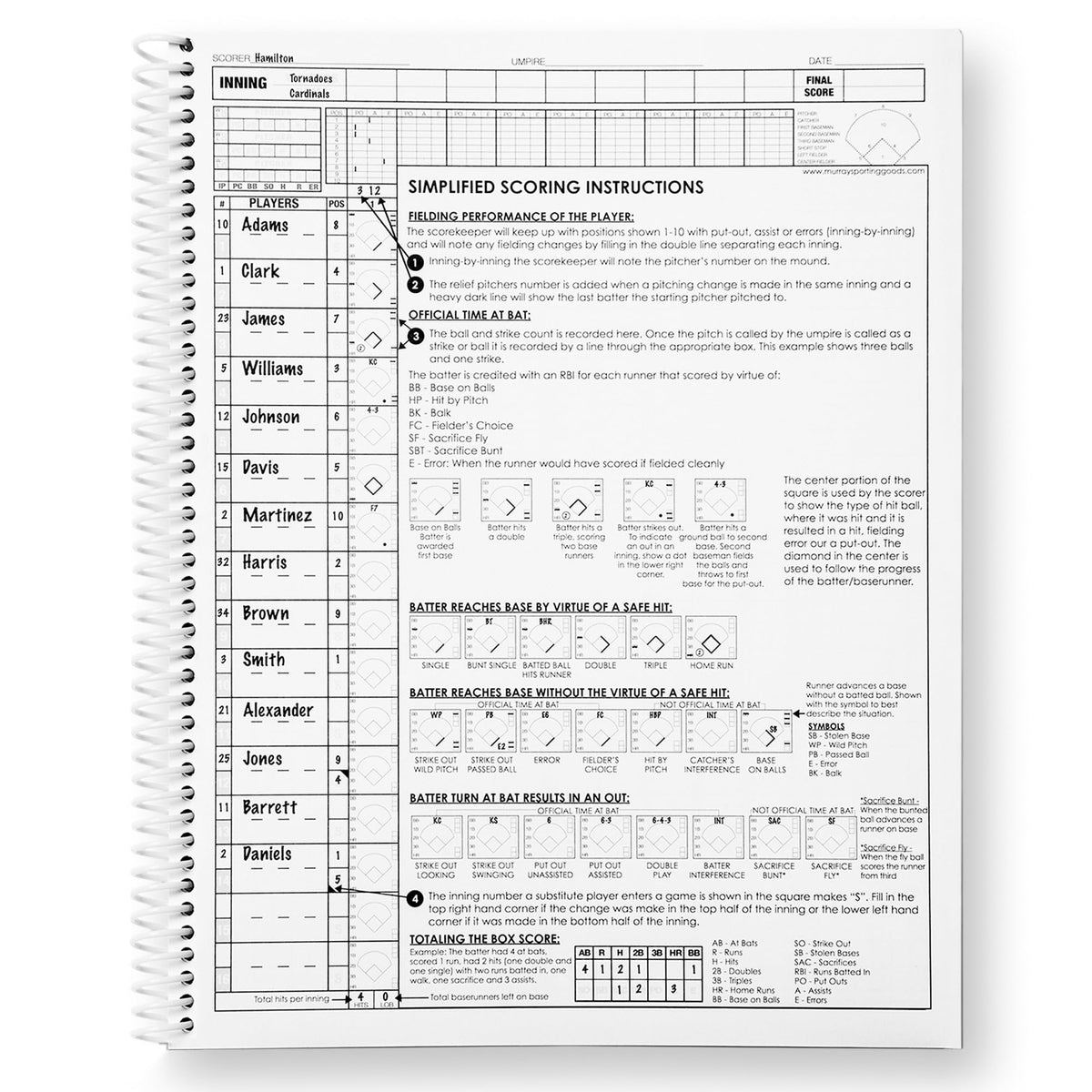 Murray Sporting Goods Baseball/Softball Scorebook - Side-By-Side Spiral Bound - 35 Games