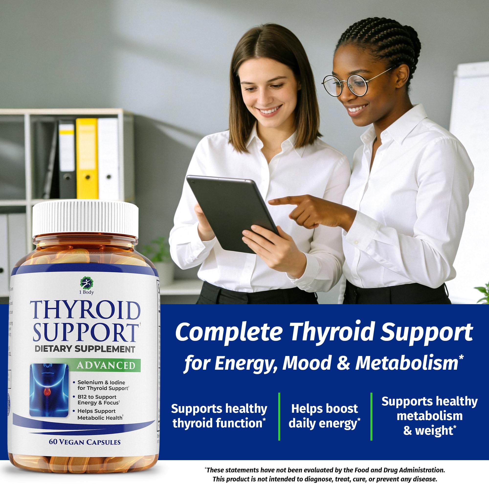 1 Body Thyroid Support for Women & Men, Iodine & Selenium Supplement | Supports healthy thyroid function, energy production, metabolism & daily wellness with essential nutrients.