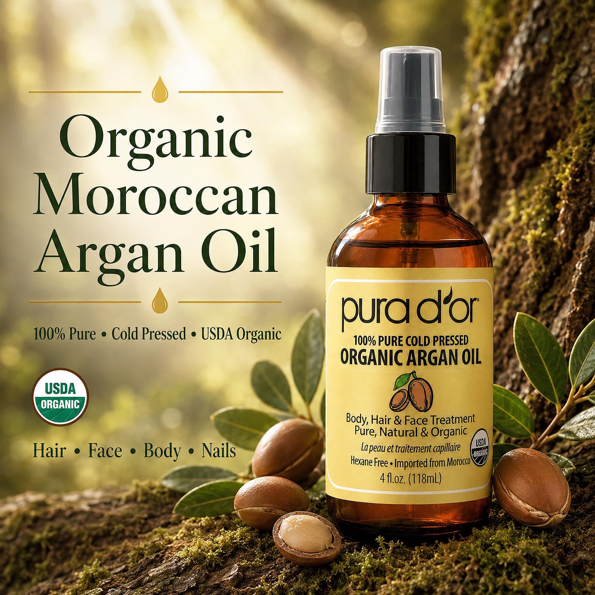 PURA D'OR ORGANIC Moroccan Argan Oil Pure Cold-Pressed Hair & Skin, 4oz