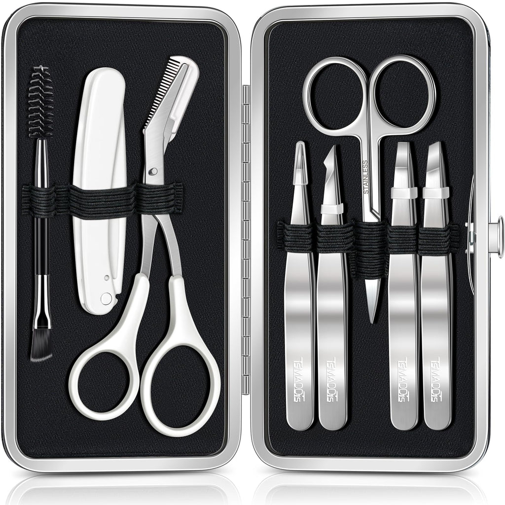 TsMADDTs Tweezers for Men, 8 in 1 Professional Eyebrow Tweezers Kit with Eyebrow Trimmer & Scissors, Razor, Brush, Skin Care Tools