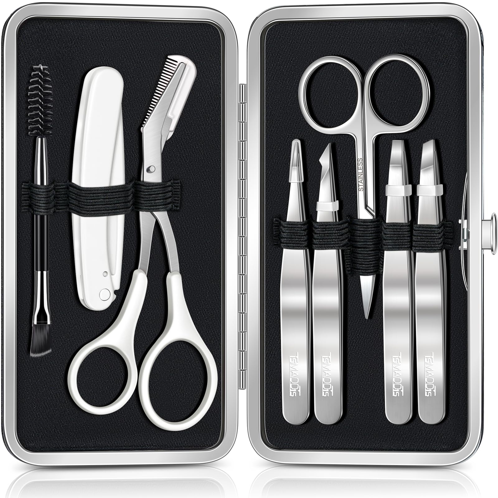 TsMADDTs Tweezers for Men, 8 in 1 Professional Eyebrow Tweezers Kit with Eyebrow Trimmer & Scissors, Razor, Brush, Skin Care Tools