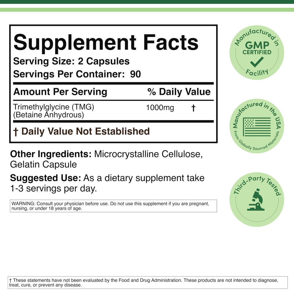 TMG Betaine Anhydrous 1,000mg, 99%+ Purity, Methylation, 180 Capsules | Methylation + Training Supplement, 99%+ Purity Single-Ingredient, Recovery Support, Clean Powder Cap, 90 Servings
