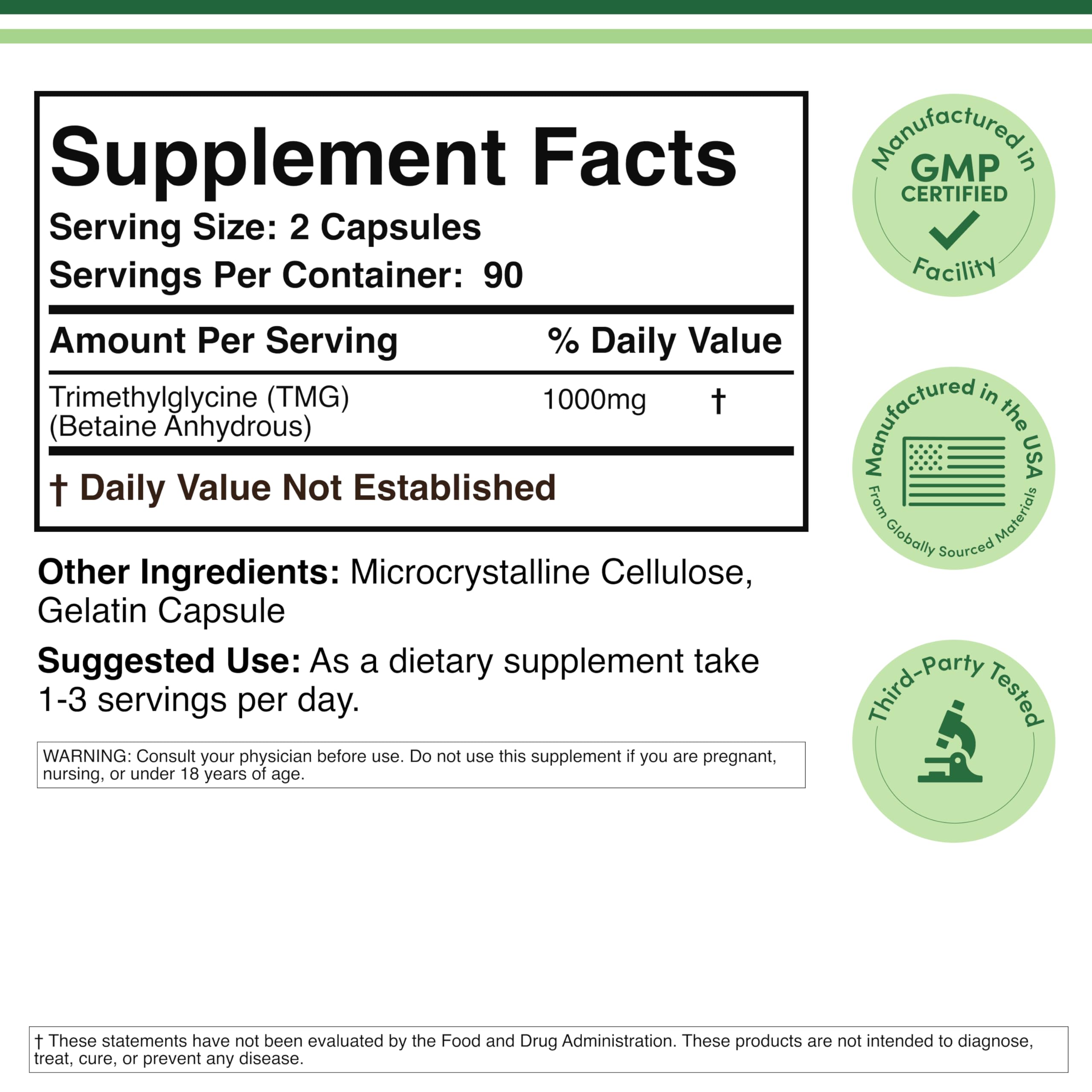 TMG Betaine Anhydrous 1,000mg, 99%+ Purity, Methylation, 180 Capsules | Methylation + Training Supplement, 99%+ Purity Single-Ingredient, Recovery Support, Clean Powder Cap, 90 Servings