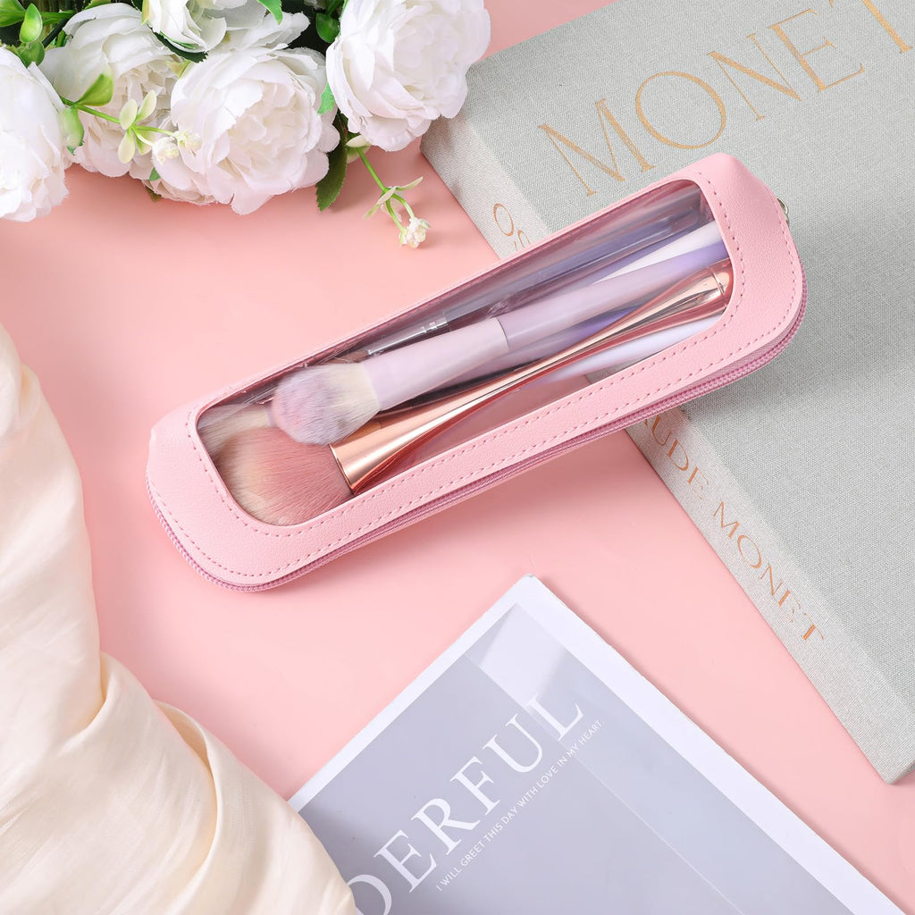 Authentic Psyqtsuary clear makeup bag in pink PU leather, featuring a transparent top and elegant design. Perfect for makeup lovers.