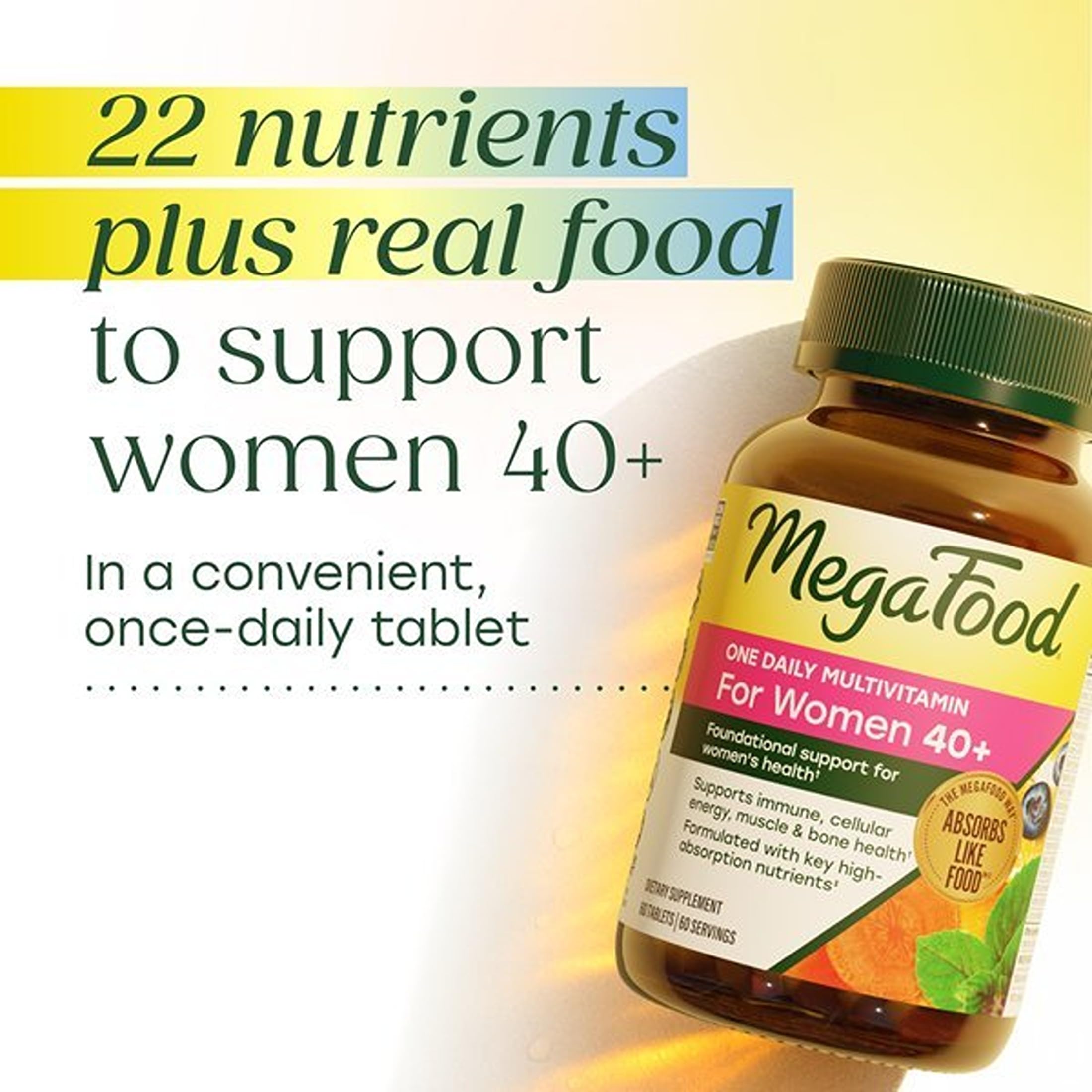 MegaFood One Daily Multivitamin for Women 40+ with 22 Nutrients, 90 Tablets | Immune Support, Cellular Energy, Muscle & Bone Health, Methylated B12, Methylfolate, Vitamin D3, C and Zinc, 90 Servings