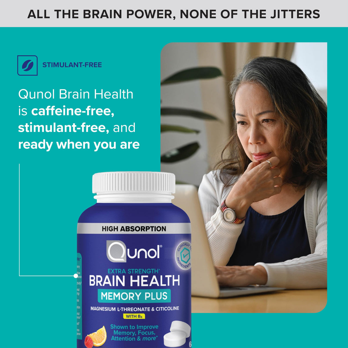 Qunol Brain Health Memory Plus Chewable w/Magtein, Cognizin & VIT B6, 60ct