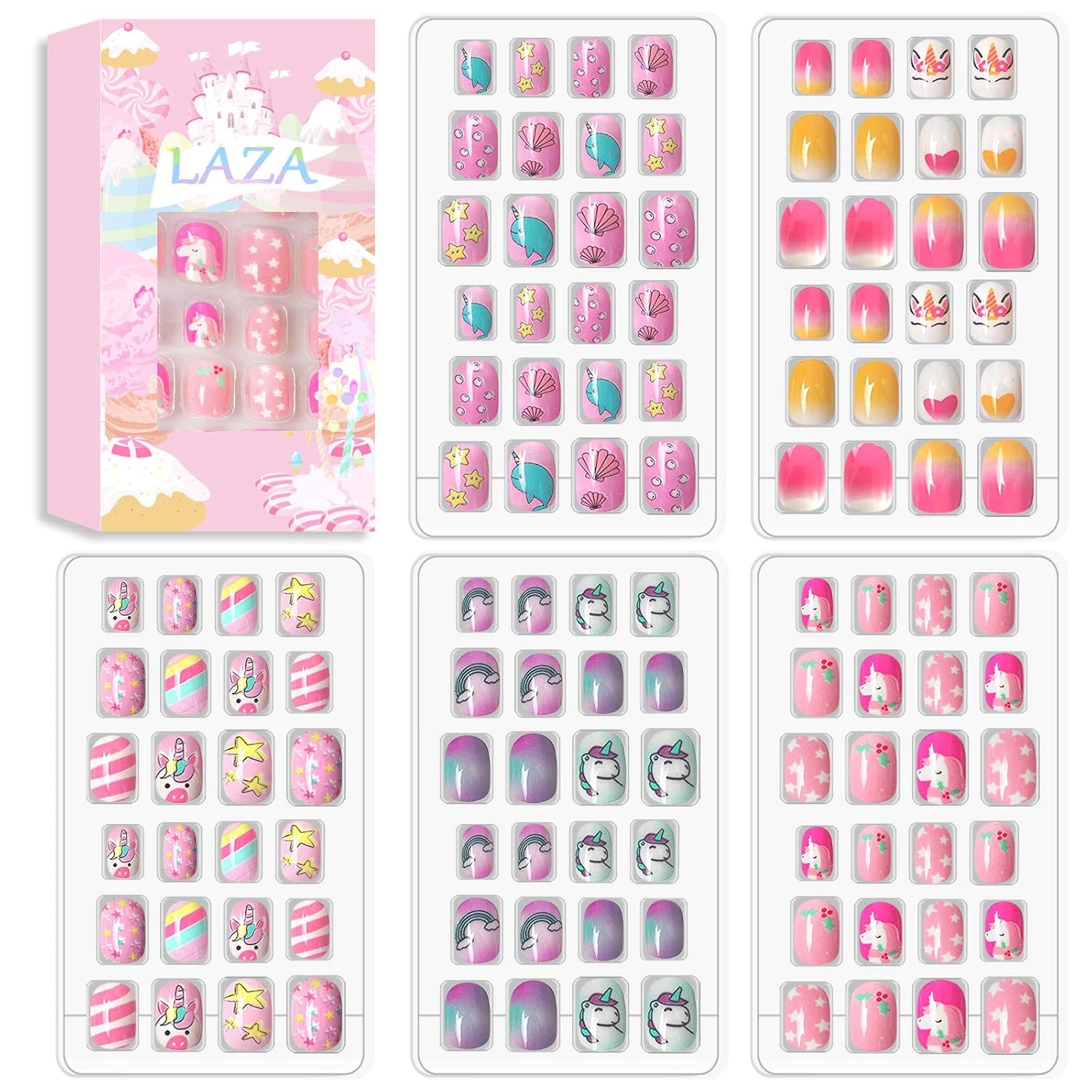 Buy now Laza 120pcs Children Nails Press On Pre-glue Full Cover Nail Tips Kit Glitter Gradient Color Rainbow Short Artificial False Nail Kits Lovely Christmas Gift for Children Kids Girls - Silver Pearl Legend of Unicorn at indiglob india