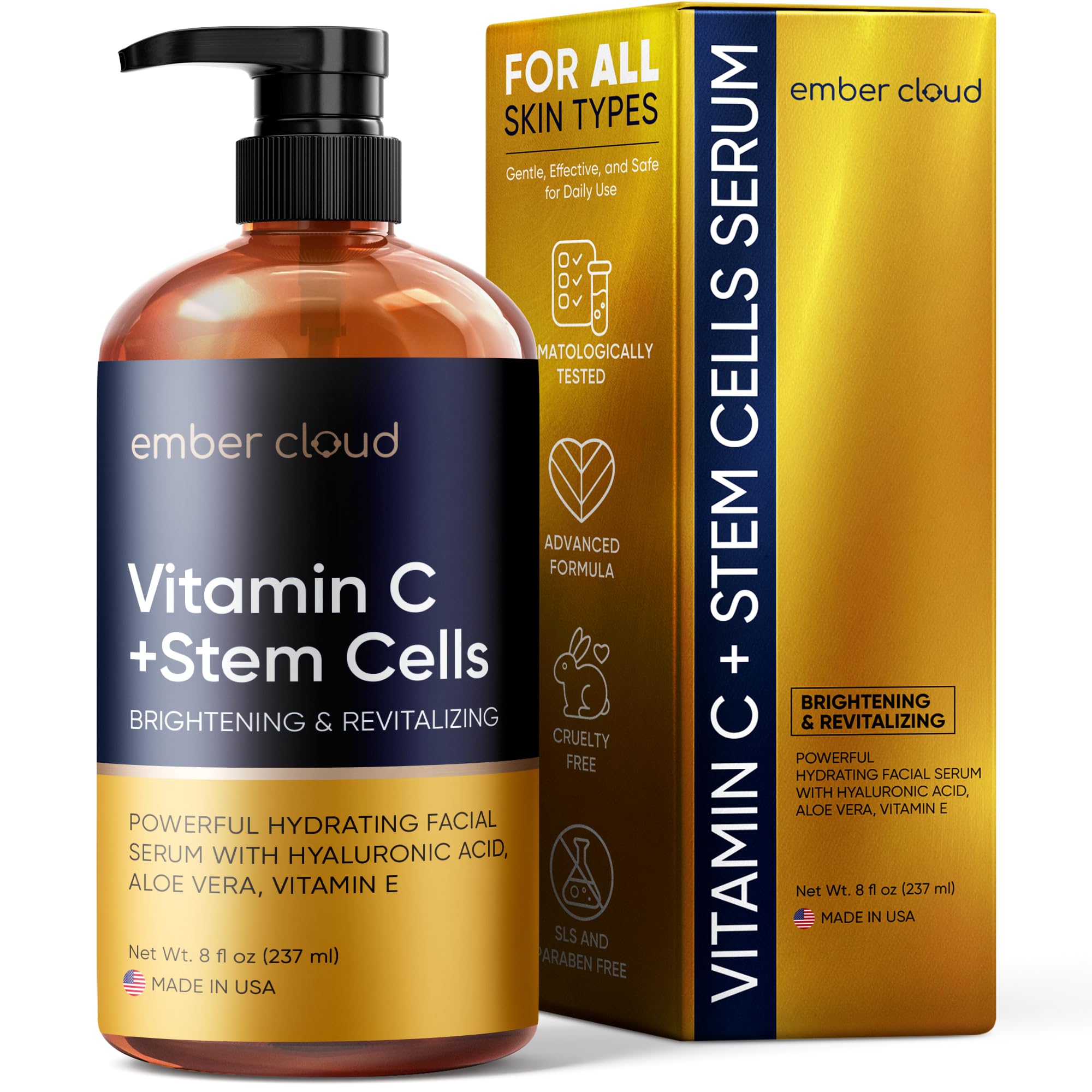 Vitamin C Serum for Face with Stem Cells & Hyaluronic Acid 8 Oz | Anti-Aging, Brightening, Hydrating Face Serum for All Skin Types, Cruelty Free, Made in USA, with Aloe Vera & Vitamin E