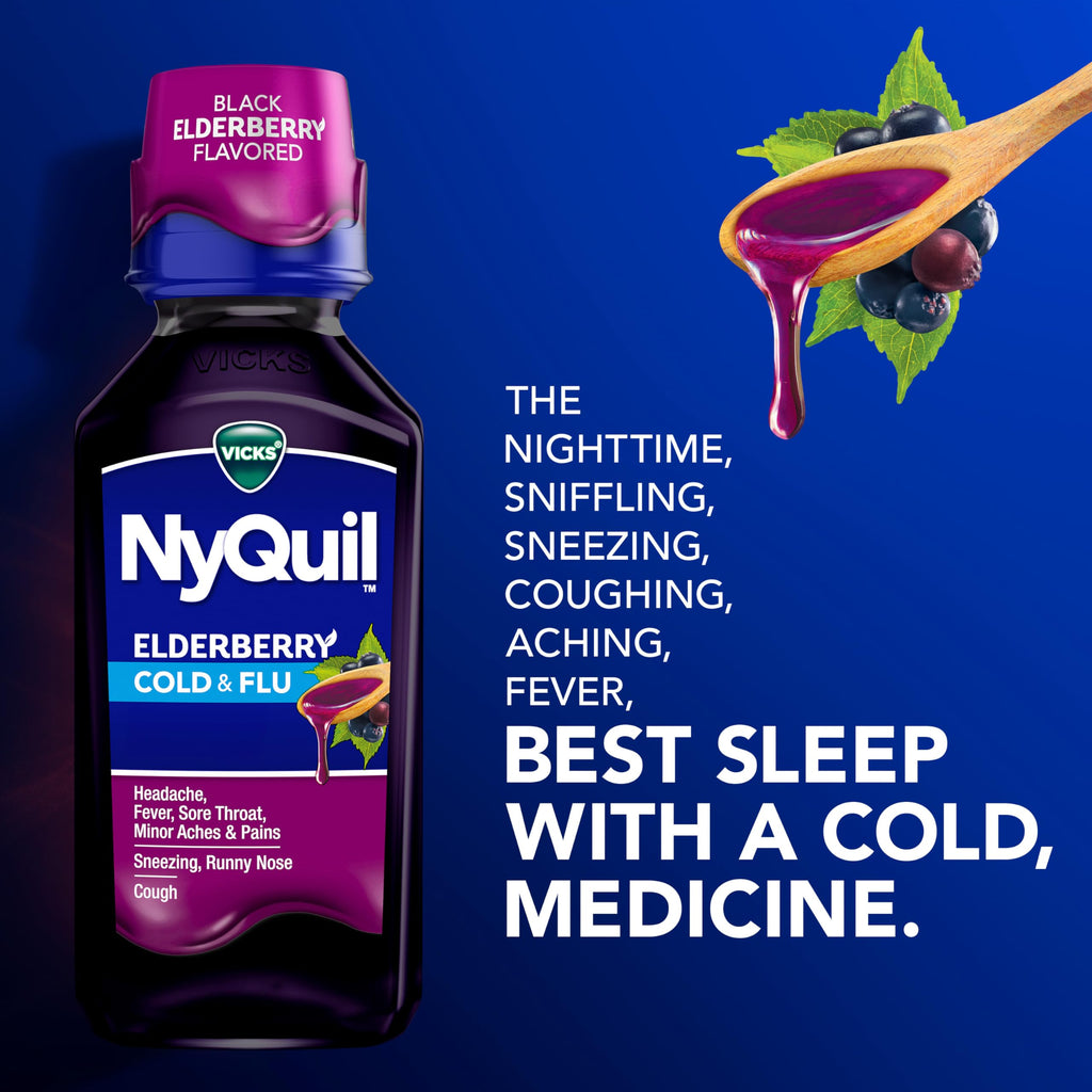 Buy now VICKS DayQuil & NyQuil Elderberry Flavor Cold & Flu Liquid Medicine Co-Pack, Multi-Symptom Relief of Headache, Fever, Sore Throat, Minor Aches & Pains, Sneezing, Runny Nose, and Cough, 2x12oz at indiglob india