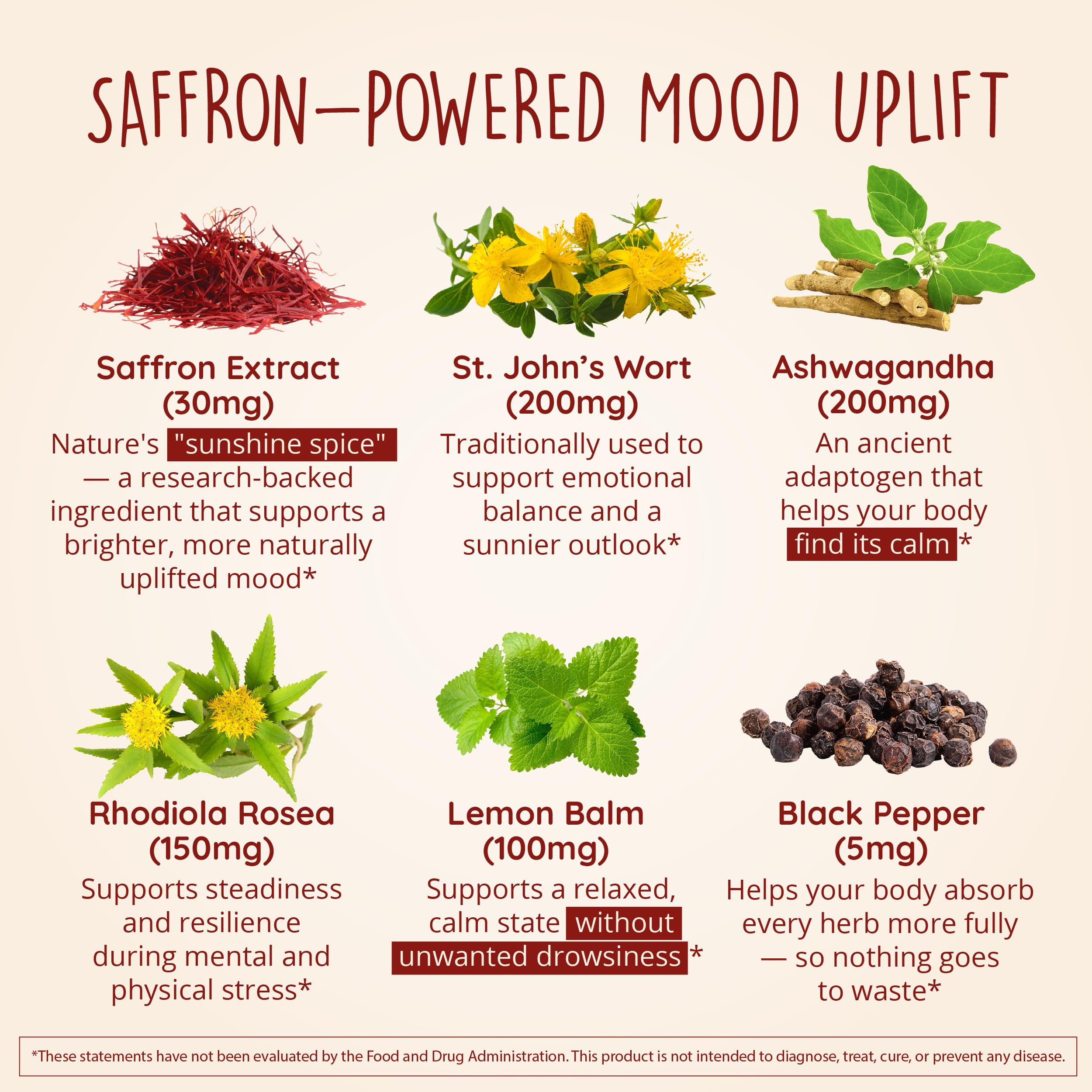 Joy-Filled with Saffron Mood Support Supplement — Daily Mood Support with 30mg Extract + Ashwagandha, Rhodiola, St. John's Wort, Lemon Balm | Saffron Supplements for Emotional Support, Vegan, 30 Ct