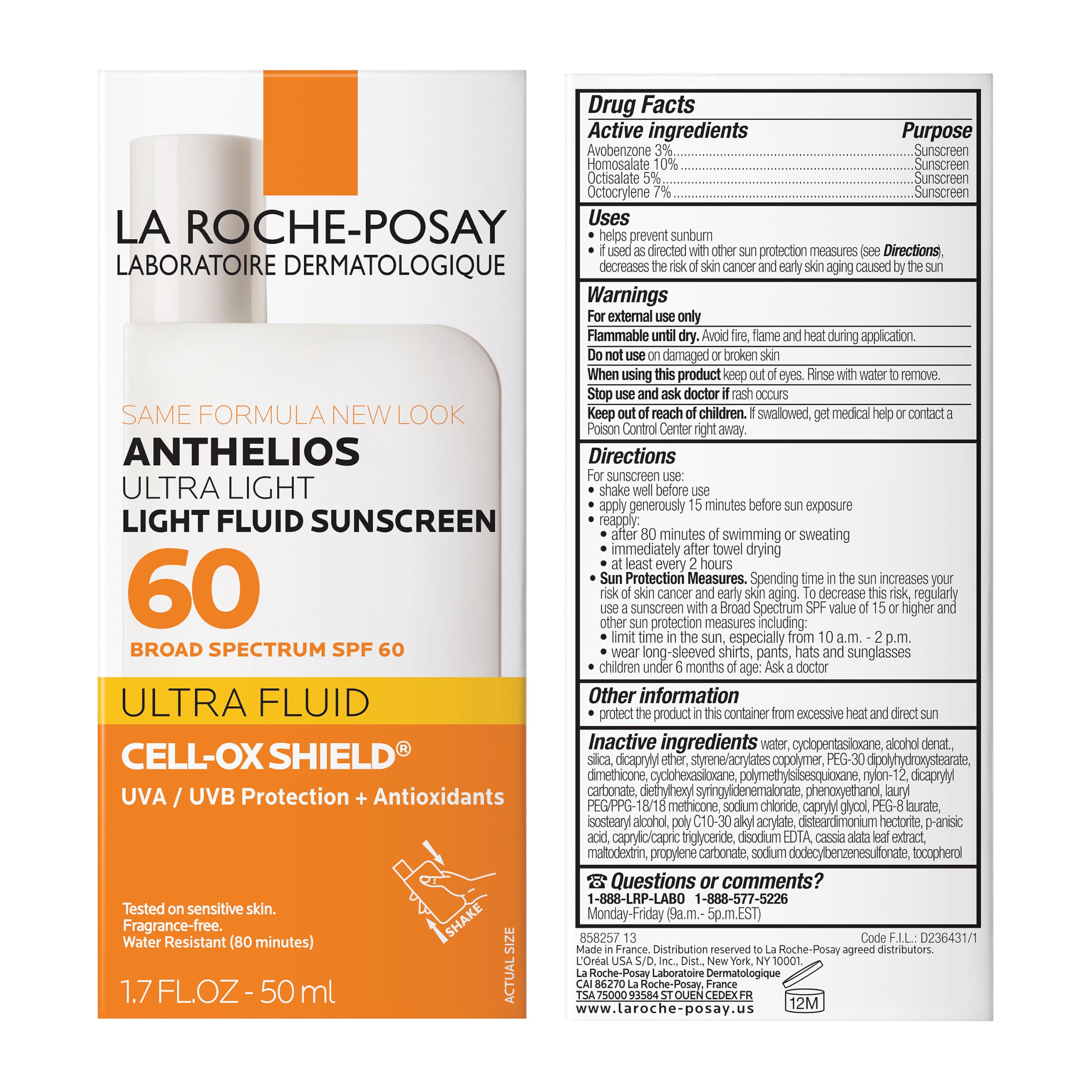 Anthelios Light Fluid Facial Sunscreen SPF 60, Lightweight Sunscreen for Face, Fluid Texture, Broad Spectrum SPF