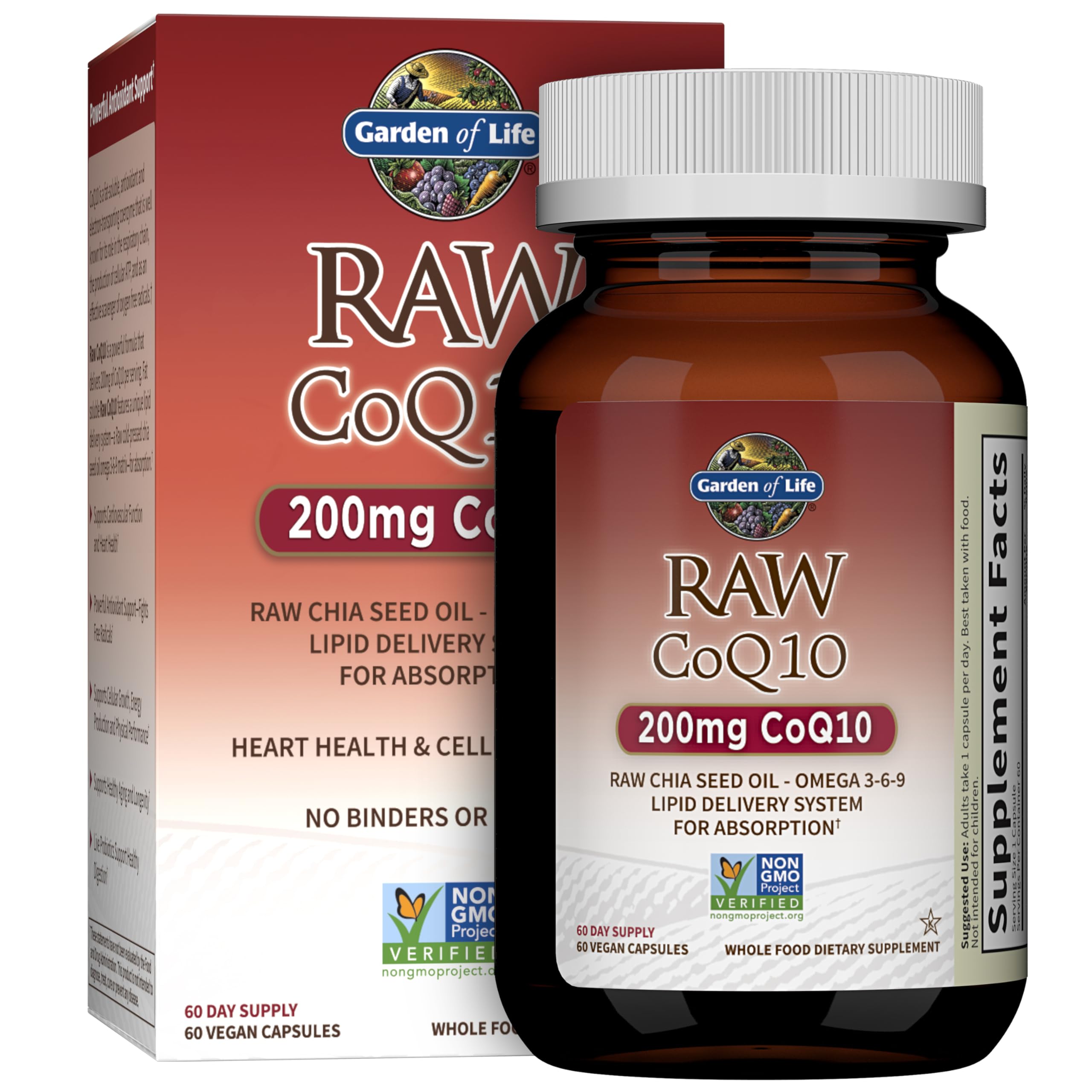 Garden of Life Raw CoQ10 200mg, with Omega 3 6 9 for Heart Health, 60ct | Vegetarian Omega 3 6 9 Supplement Raw Co Q 10 Chia Seed Oil, Whole Food Nutrition with Antioxidant Support, Coenzyme q10