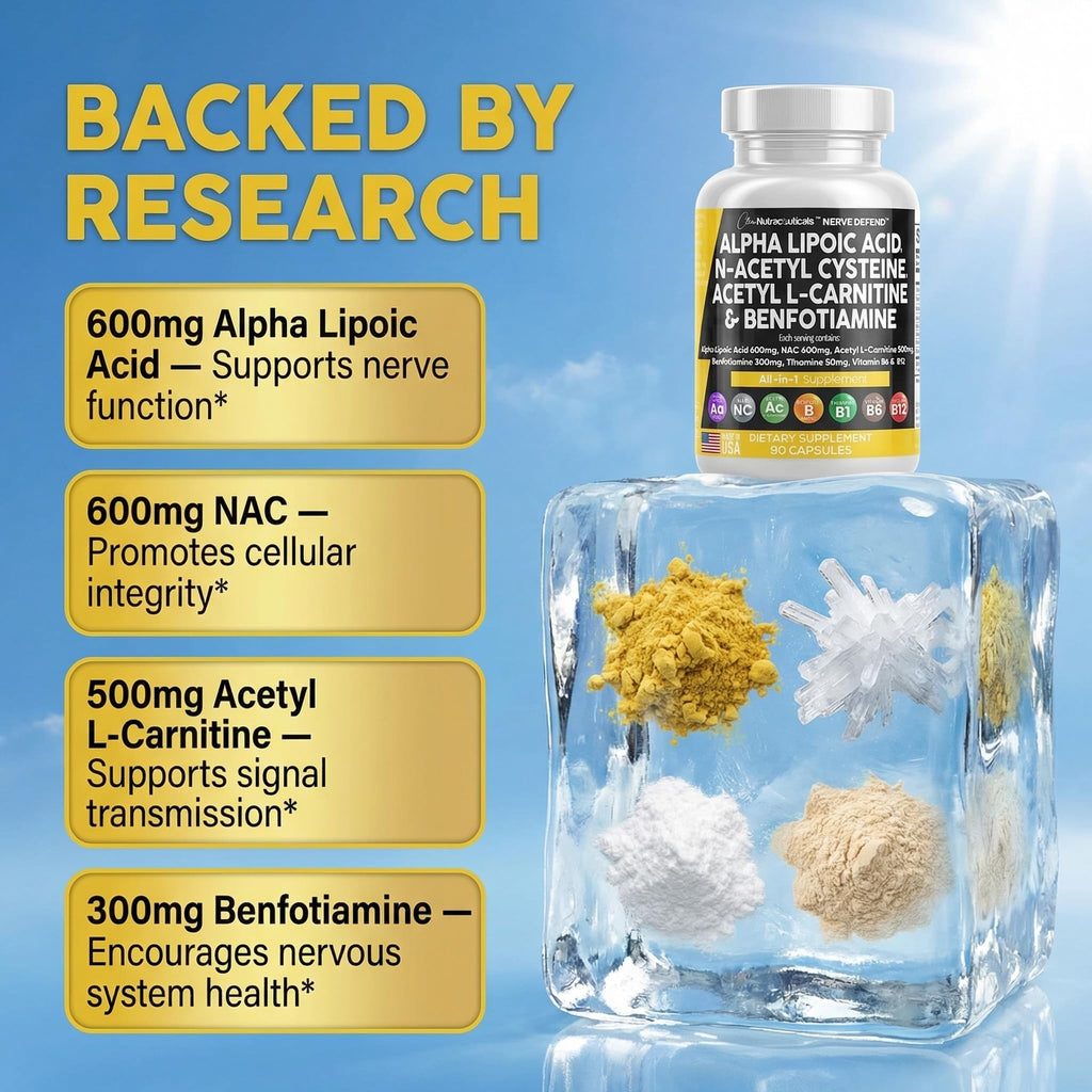 Alpha Lipoic Acid 600mg N-Acetyl Cysteine 600mg Acetyl L-Carnitine 500mg Benfotiamine 300mg - Nerve Support Supplement for Women and Men with Vitamin B1 B6 & B12 - Made in USA 90 Caps
