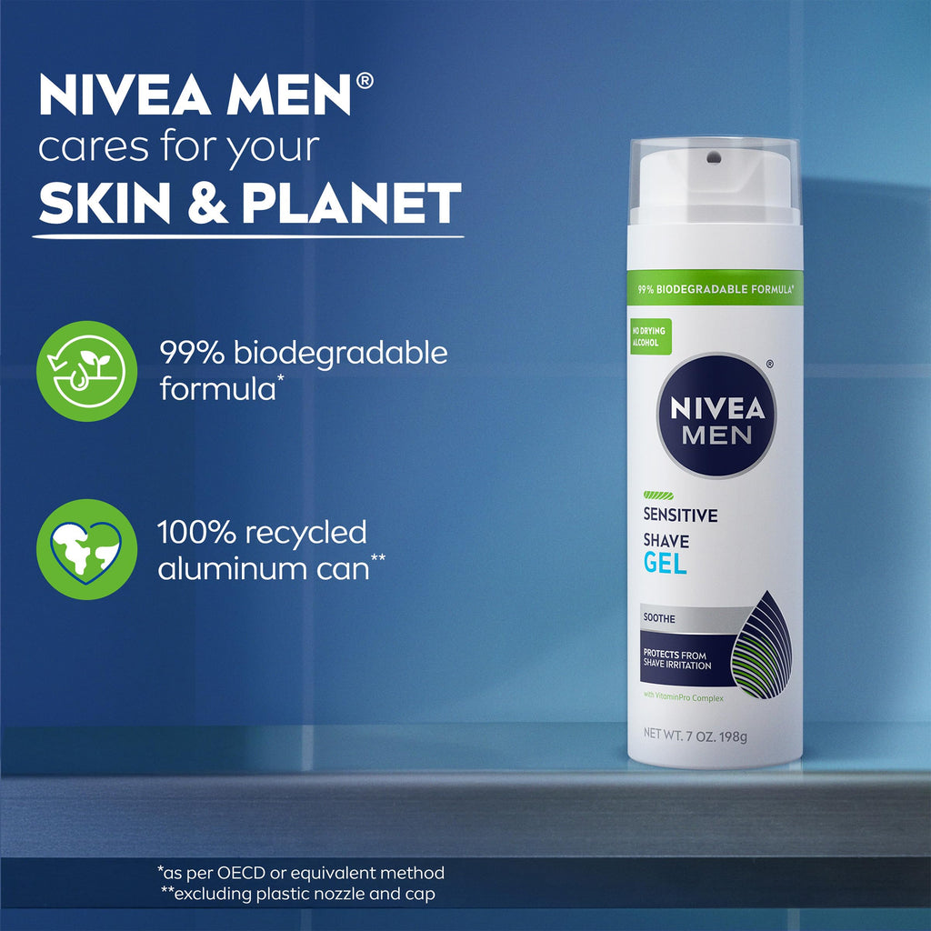 NIVEA MEN Sensitive Shave Gel, No Drying Alcohol, Mulitpack, 3 x 7 OZ | Shaving Gel for Men with Sensitive Skin, Enriched with VitaminPro Complex, No Drying Alcohol, Dermatologically Tested