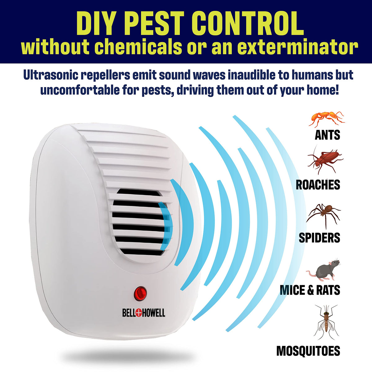 Bell+Howell Ultrasonic Pest Repeller Plug in Device Assorted 8 Pack, Effectively Aids to Repel mice, Bugs, Rats, Rodents, Mosquitos, roaches, Spiders and Ants Chemical, Odor and Sound Free