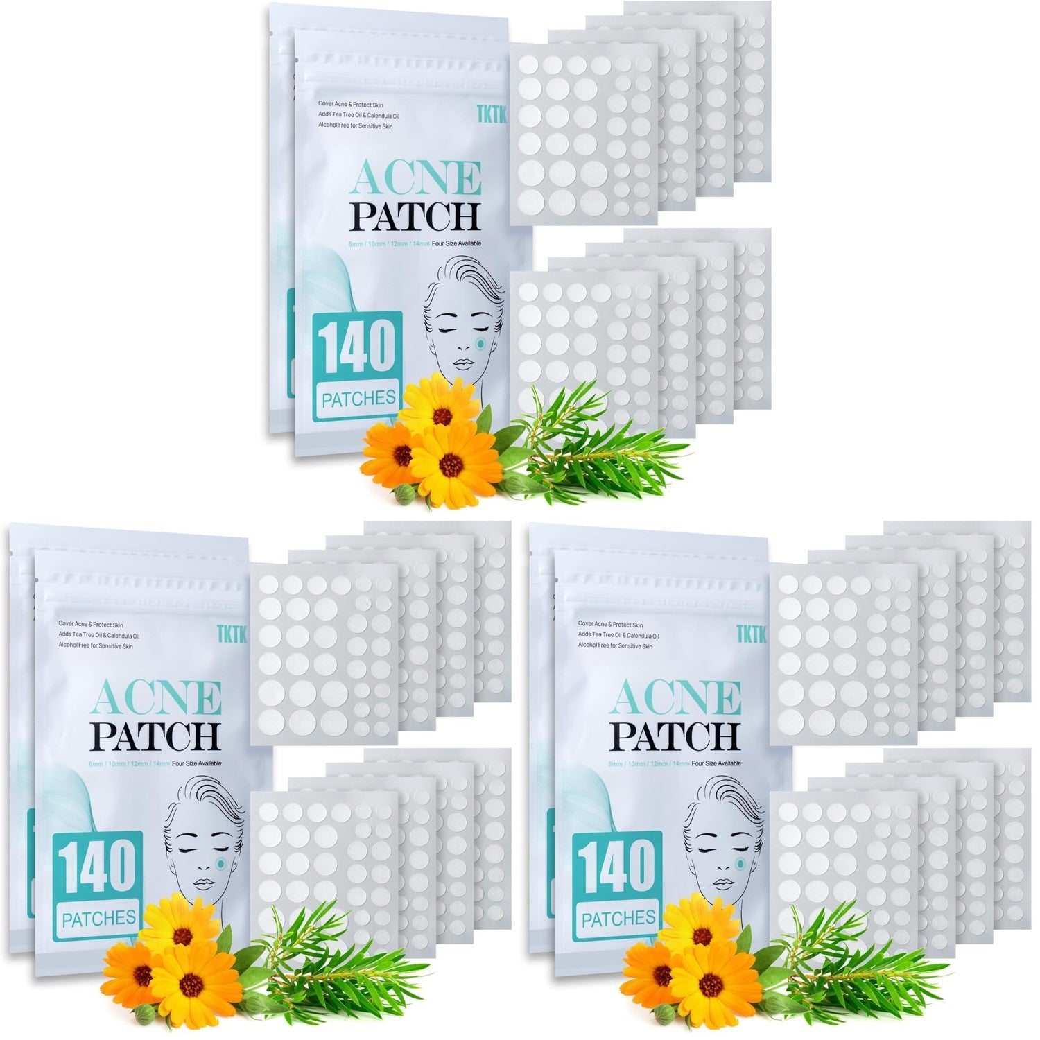 TKTK Pimple Patch for Face, Hydrocolloid Acne Absorbing Dots, 4 Sizes 140CT | Invisible Acne Patches Zit Stickers with Tea Tree & Calendula Oil, for Blemishes & Breakouts,Safe for Sensitive Skin