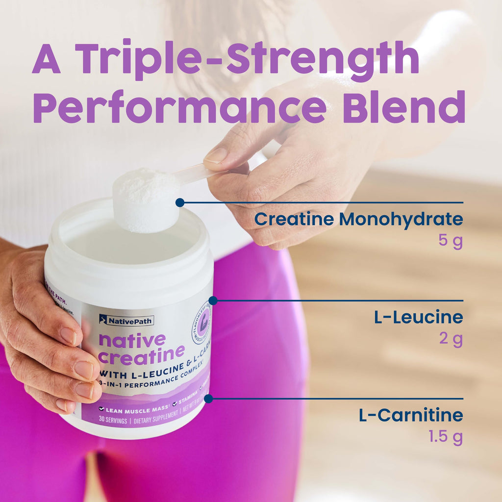 NativePath Creatine Monohydrate, Unflavored, 30 Servings | 5g Per Serving, 2g L-Leucine & 1.5g L-Carnitine, Supports Strength, Power, Muscle & Recovery, Men & Women