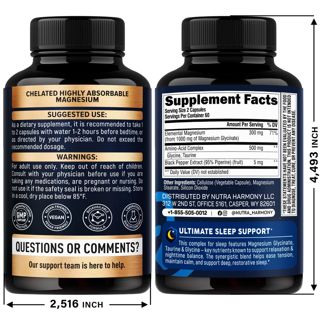 Magnesium Glycinate w/Glycine & Taurine - Magnesium for Sleep - 120 Caps | Sleep & Relaxation Complex - Extra Strength Magnesium Supplement 1500 mg for Women & Men - Chelated & High Absorption - Vegan
