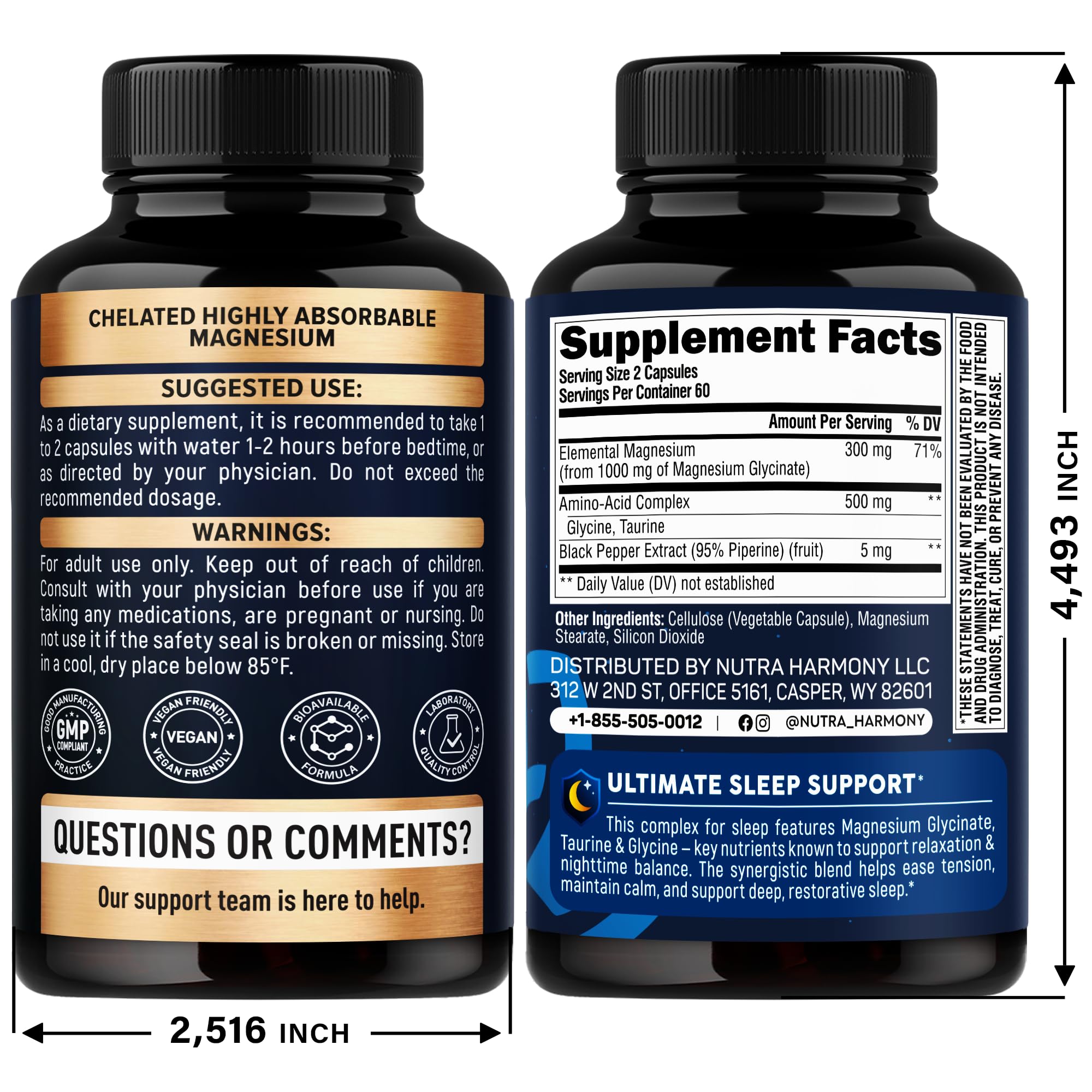 Magnesium Glycinate w/Glycine & Taurine - Magnesium for Sleep - 120 Caps | Sleep & Relaxation Complex - Extra Strength Magnesium Supplement 1500 mg for Women & Men - Chelated & High Absorption - Vegan