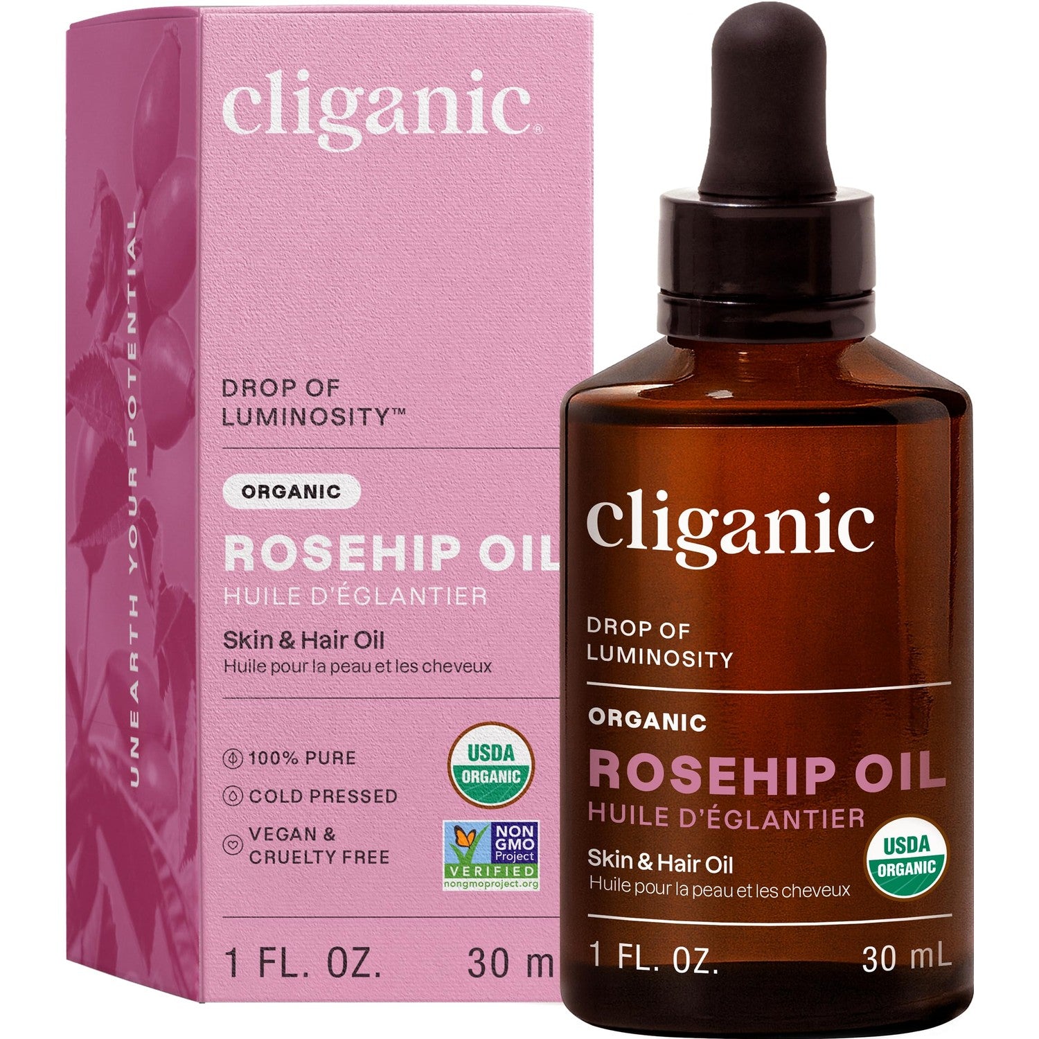 Cliganic Organic Rosehip Seed Oil for Face, 100% Pure | Natural Cold Pressed Unrefined Non-GMO | Carrier Oil for Skin, Hair & Nails