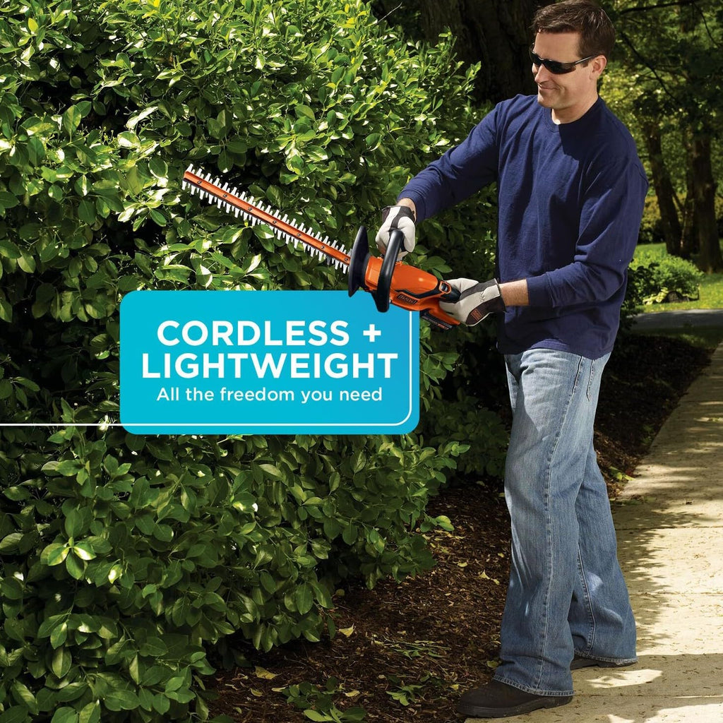 BLACK+DECKER 20V MAX Cordless Hedge Trimmer, Battery and Charger Included, 22 Inch Steel Blade Lightweight Bush Trimmer, Soft Grip, Less Vibration (LHT2220)