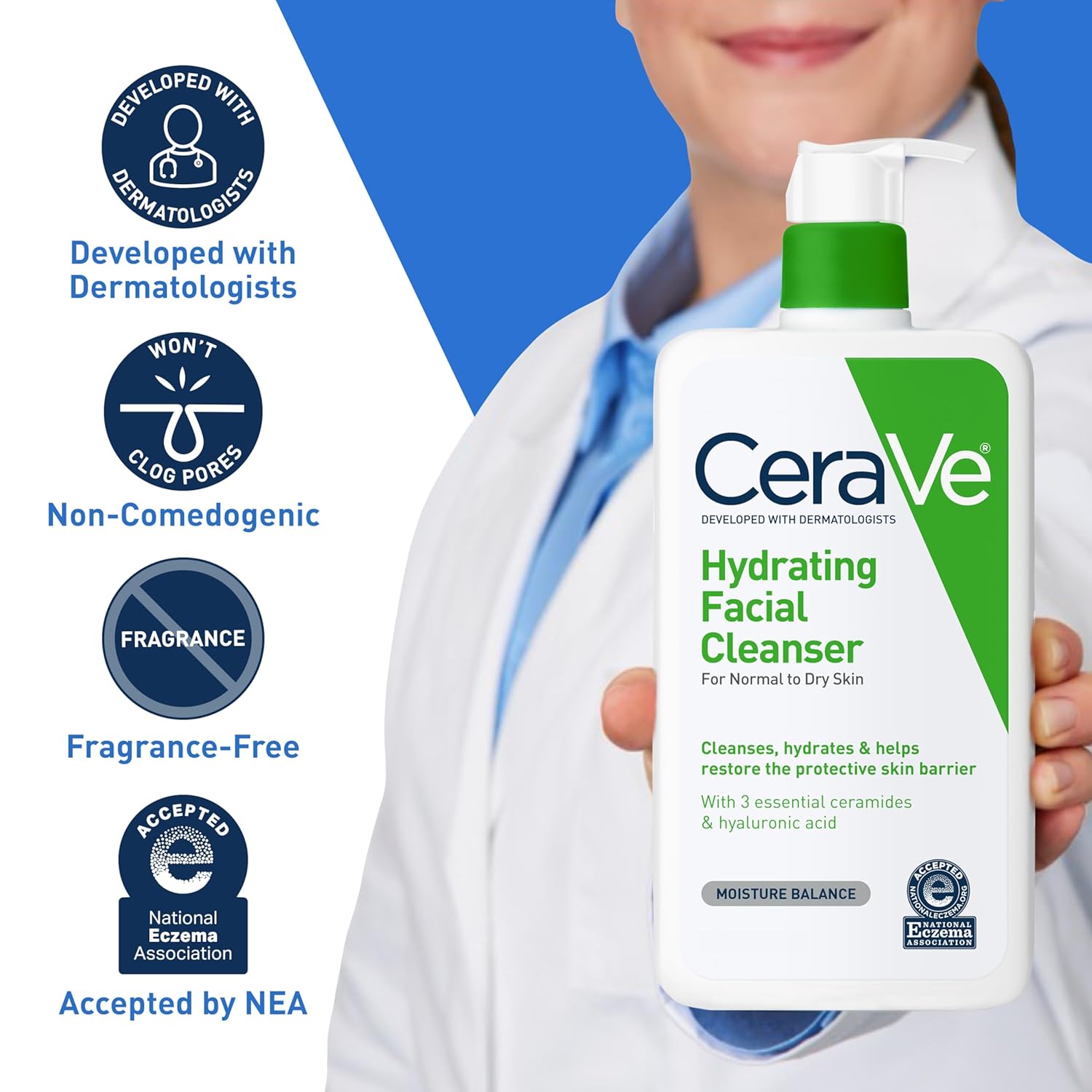 Buy now CeraVe Hydrating Facial Cleanser, Moisturizing Face Wash For Dry Skin, Hyaluronic Acid + Ceramides + Glycerin, Hydrating Cleanser For Normal To Dry Skin, National Eczema Association Certified at indiglob india