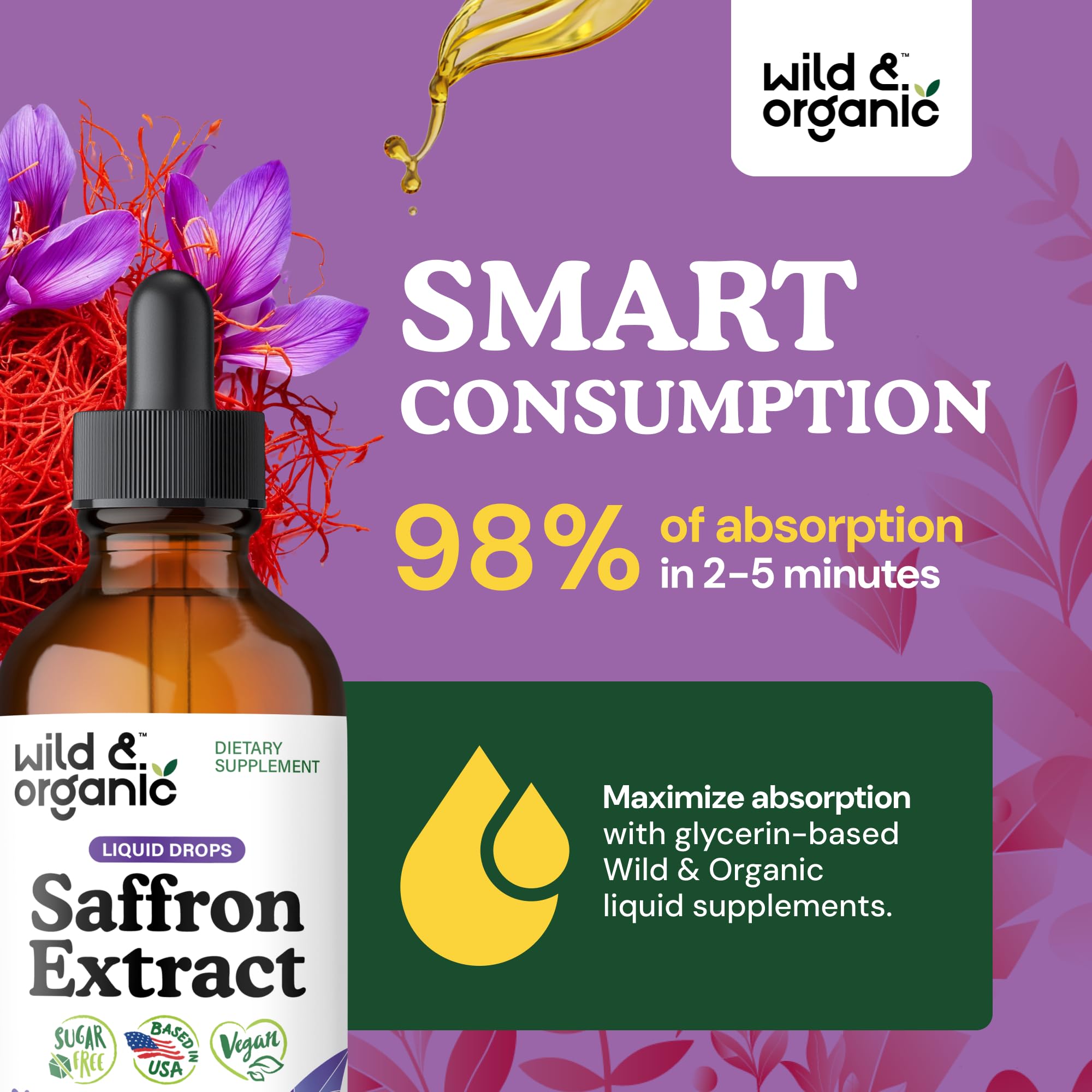 Wild & Organic Saffron Supplements 88.5 mg - Mood, Focus, Eye Support - 4oz | Saffron Extract Liquid Drops - Add to Tea - 5-Month Supply - Crocus Sativus Herb - Vegan, No Sugar & Alcohol-Free Tincture