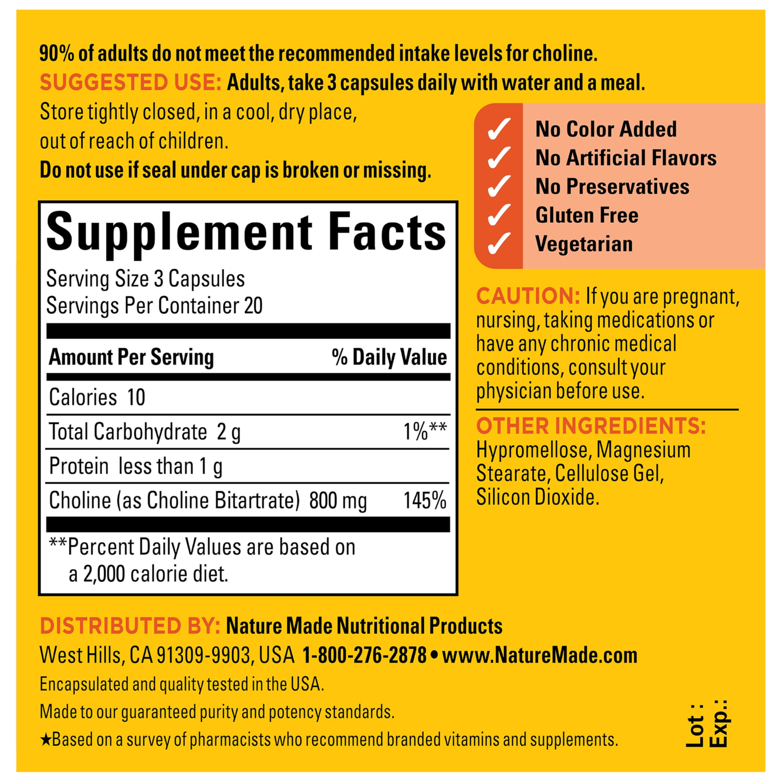 Nature Made Extra Strength Dosage Choline Supplements, 60 Capsules | Choline Supplements 800 Mg per 3 Capsules, Brain Health, Mood, Muscle & Liver Support, Vegetarian, 20 Day Supply