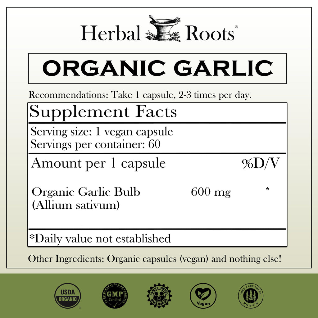 Herbal Roots Organic Whole Bulb Garlic Pills - Potent Extra Strength Immune Support - USDA Certified Organic - 60 Vegan Capsules