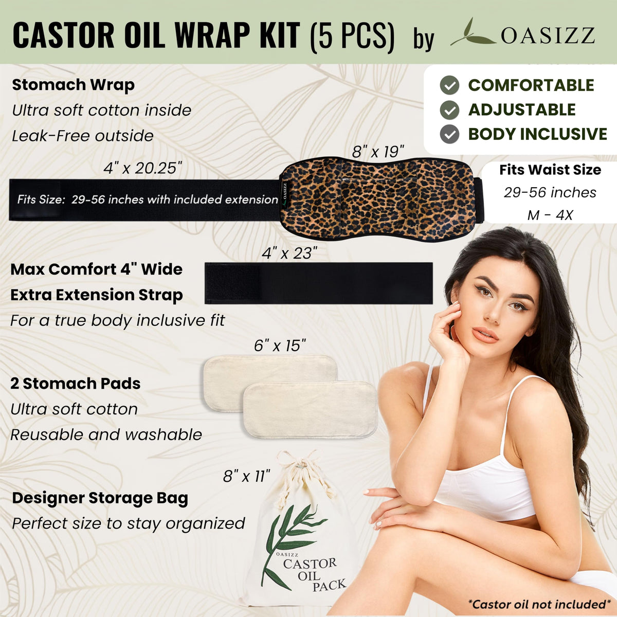 Castor Oil Pack Wrap, Size M-4X, Two Extra 100% Cotton Pads Included