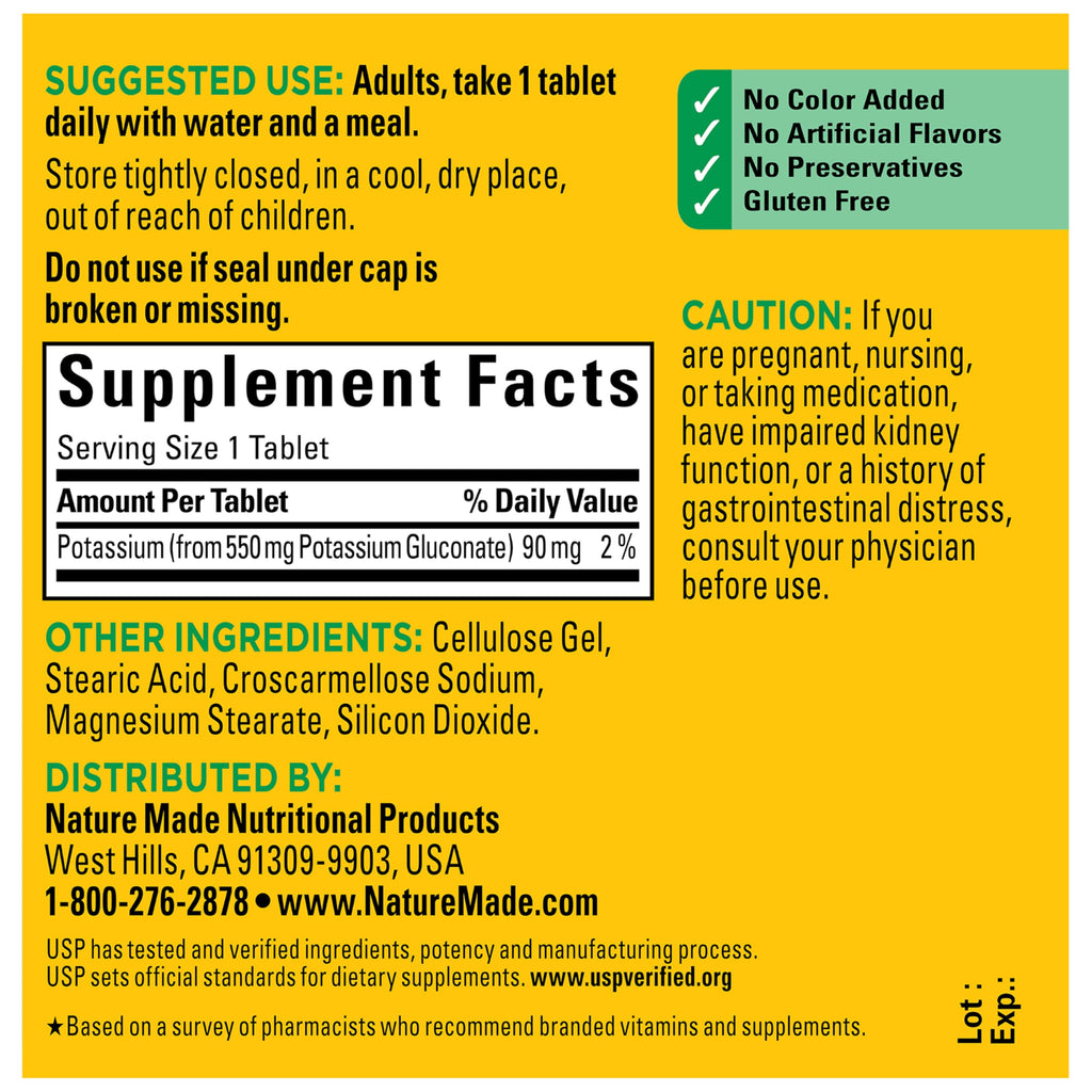 Nature Made Potassium Gluconate 550 mg, Potassium Supplements, 100 Tablets | Dietary Supplement for Nerve, Muscle and Heart Function Support, Helps Support Fluid Balance, Gluten Free, 100 Day Supply
