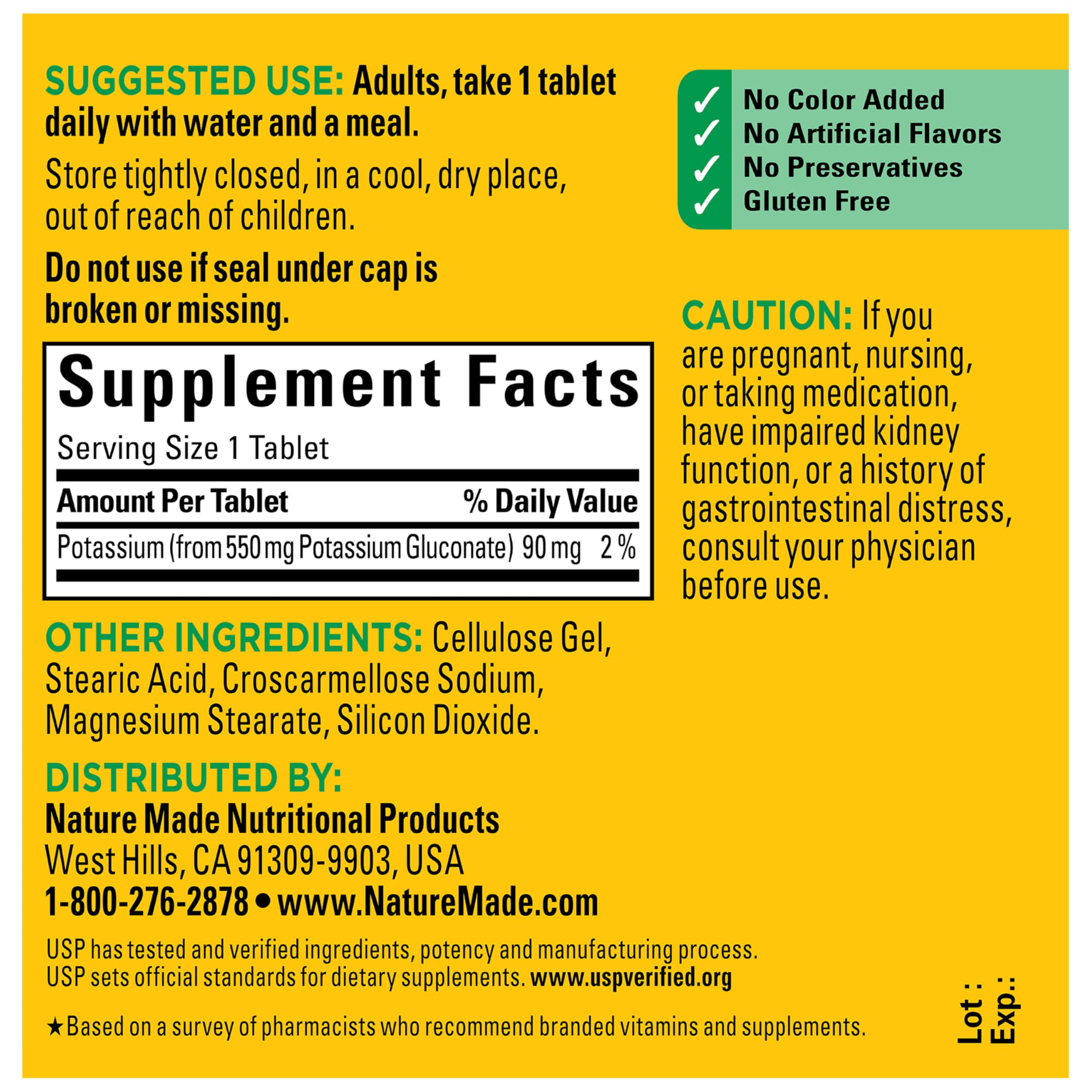 Nature Made Potassium Gluconate 550 mg, Potassium Supplements, 100 Tablets | Dietary Supplement for Nerve, Muscle and Heart Function Support, Helps Support Fluid Balance, Gluten Free, 100 Day Supply