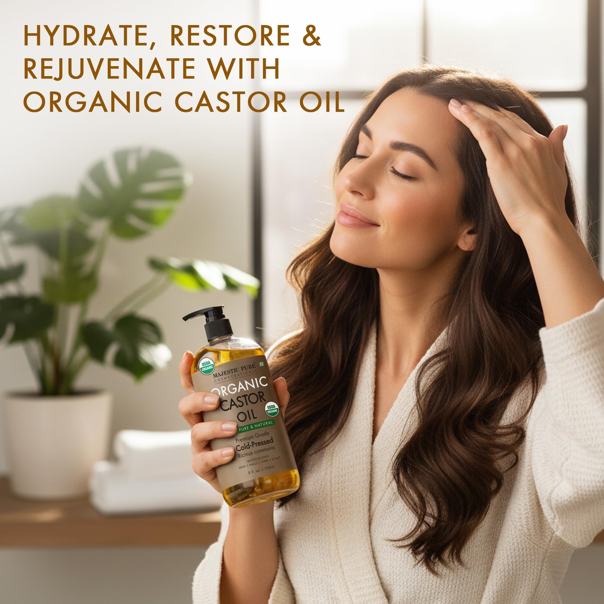 Majestic Pure USDA Organic Castor Oil, 100% Pure & Natural Body Oil -8 FlOz | Cold Pressed & Hexane Free Hair Growth Oil for Eyelashes, Eyebrows, Skin, Body, Face, Nails & Scalp