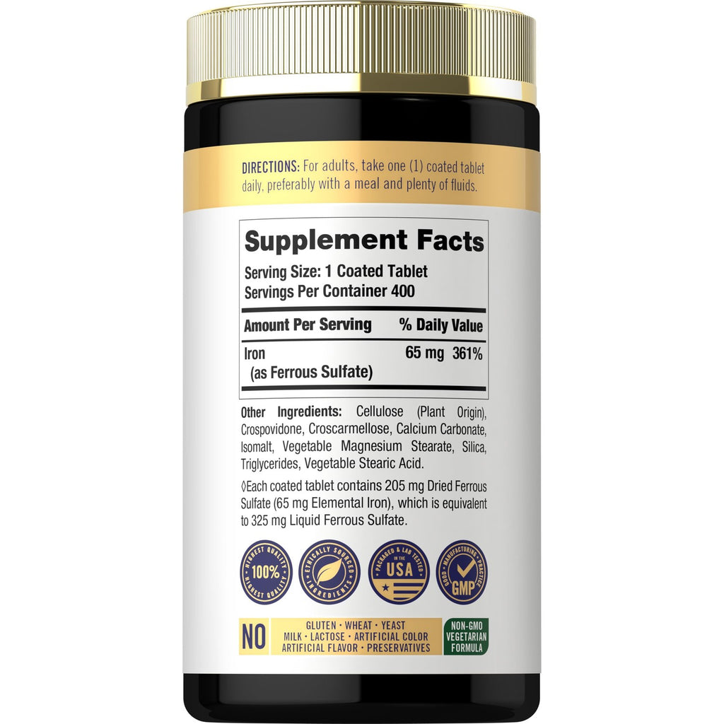 Carlyle Iron Ferrous Sulfate 325mg, 65 mg | 400 Tablets | Non-GMO, Gluten Free, and Vegetarian Supplement | High Potency