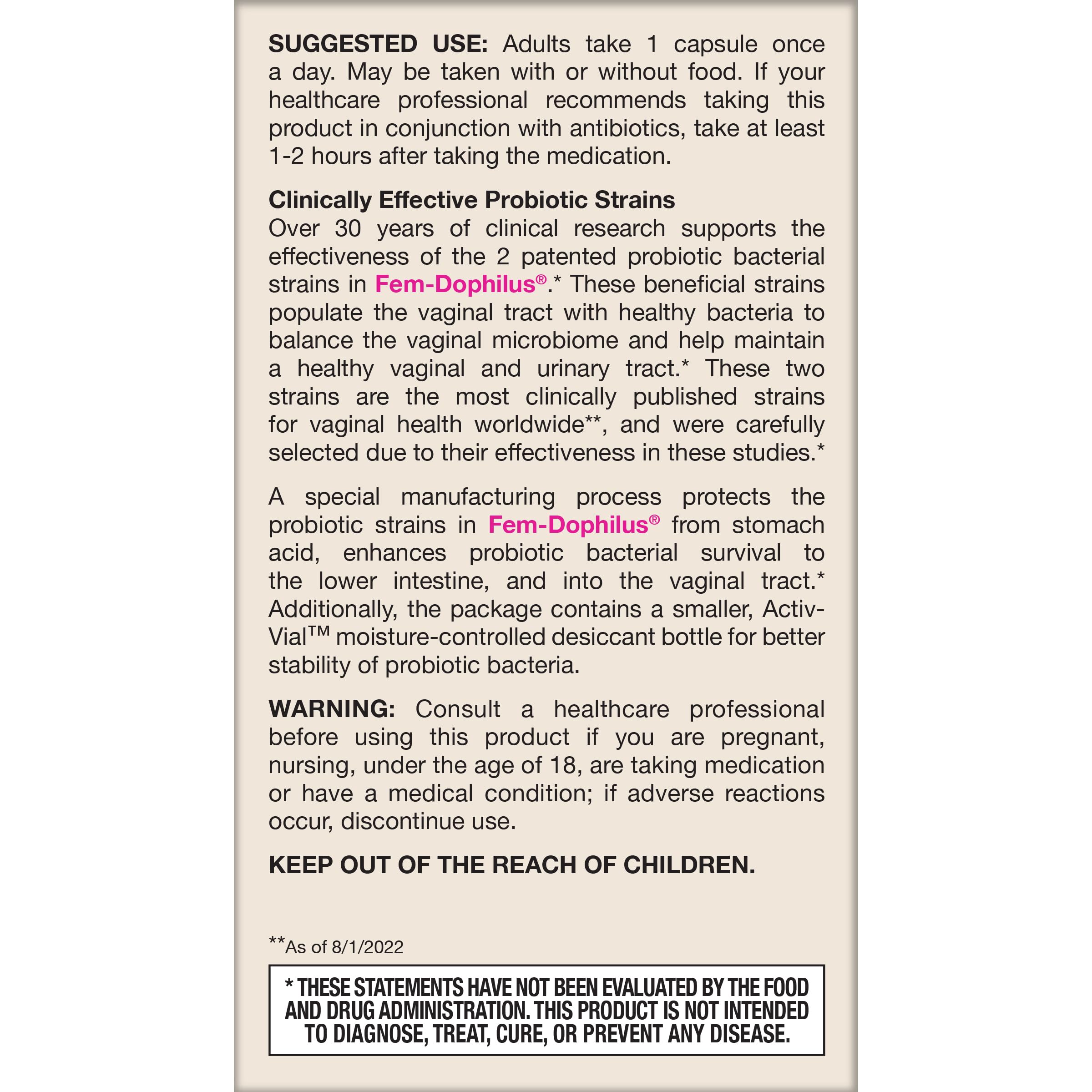 Jarrow FemDophilus Probiotics, Vaginal & Urinary Tract Support, 60 Capsules | Vaginal Health Support, Urinary Tract Support, 1 Billion CFU, Clinically Studied Strains, Shelf-Stable, Vegan, Gluten-Free