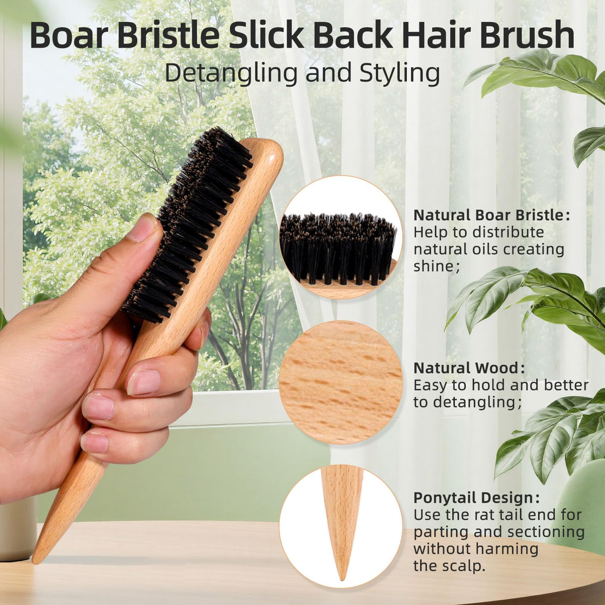 Boar Bristle Slick Back Hair Brush, Teasing Hair Brush with Black Carbon Fiber and Stainless Steel Tail Comb, Slick Hair Brush Set for Parting and Sectioning, Suitable for All Styling