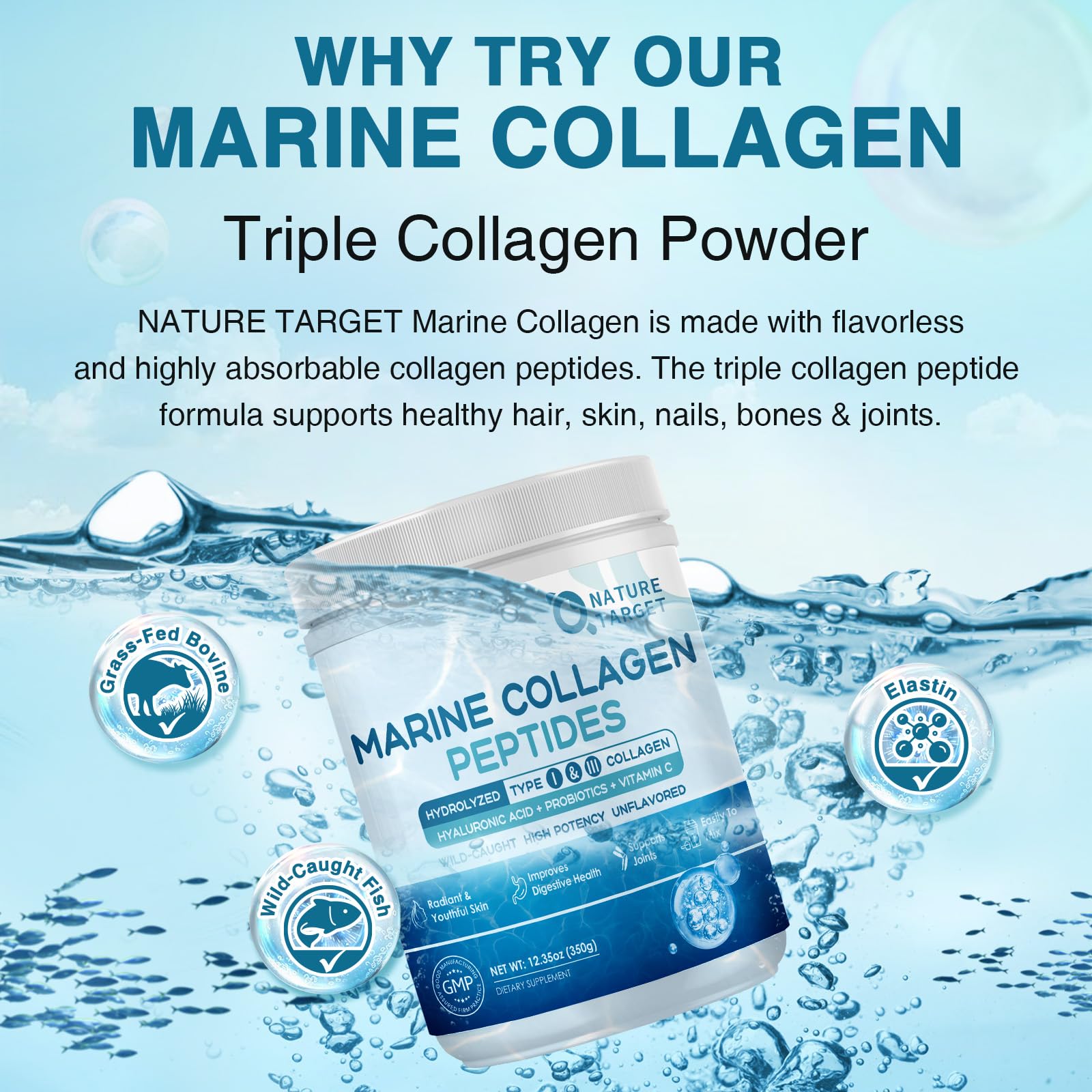 NATURE TARGET Marine Collagen Peptides Powder - Type I & III Collagen with Probiotics, Vitamin C & Hyaluronic Acid for Skin, Hair, Nails, Wild-Caught Fish & Grass-Fed Bovine, 35 Servings (Pack of 2)