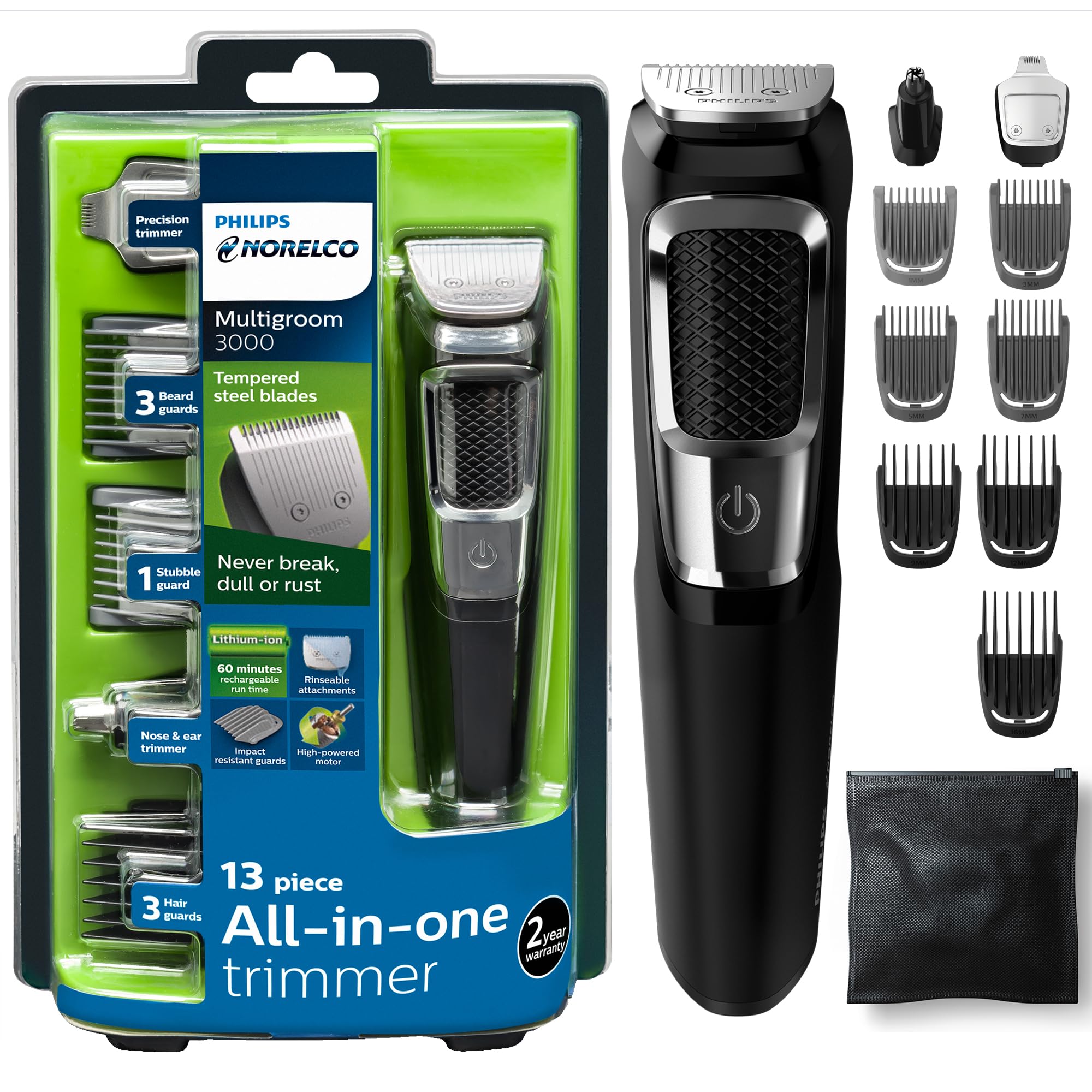 Norelco Philips All-in-One 3000 13-in-1 Trimmer, Face & Hair, Steel Blades | Beard Styler, Nose & Detail Trimmer, Hair Clipper, Self-Sharpening Blades, 8 lengths, 60-Min Runtime, Rinseable, MG3939/50
