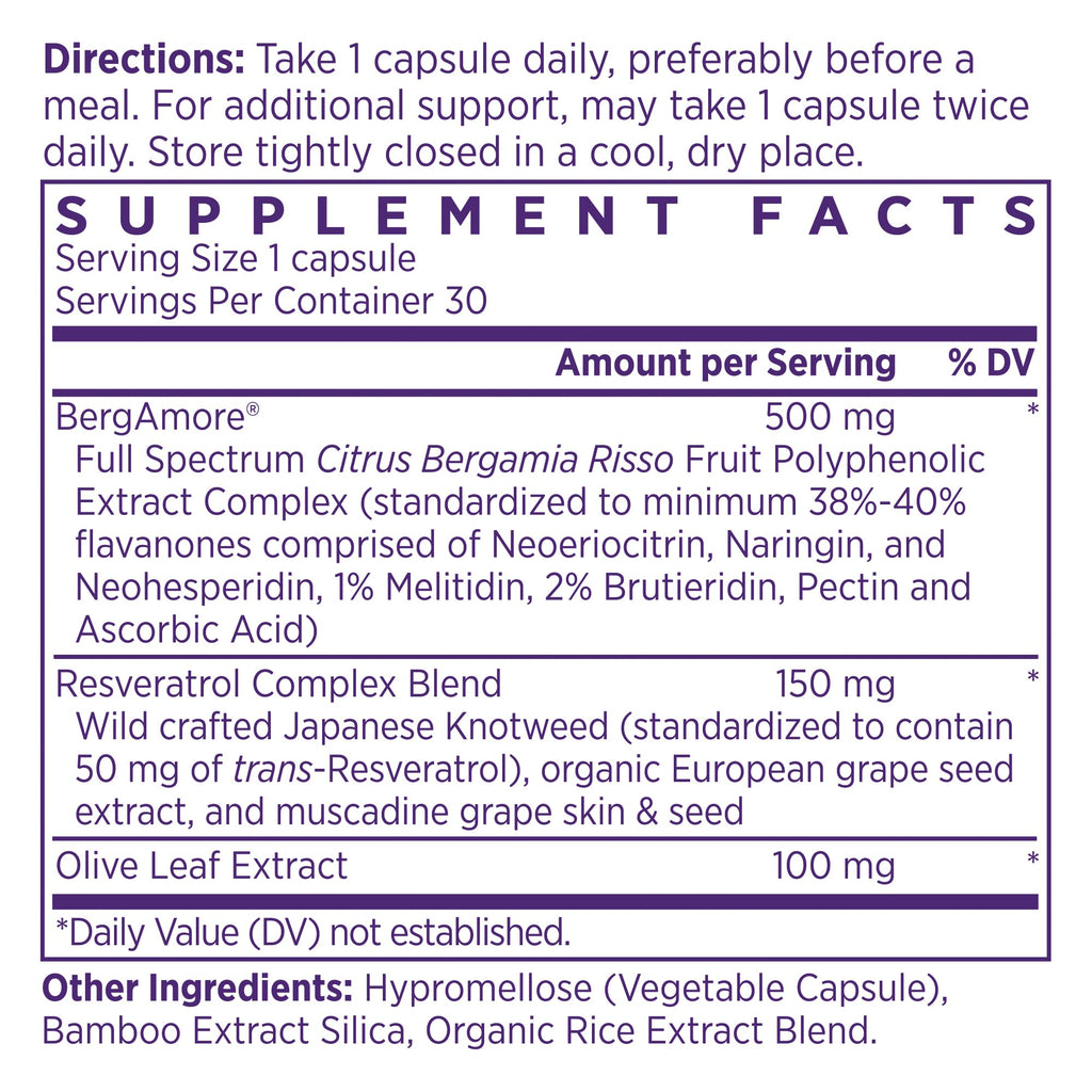 NAOMI Italian Citrus Bergamot 500mg with Resveratrol - Supports Healthy Cholesterol & Triglyceride Levels Already in Normal Range - Patented BergAmore® Extract, 7 Key Polyphenols, 30-Day Supply