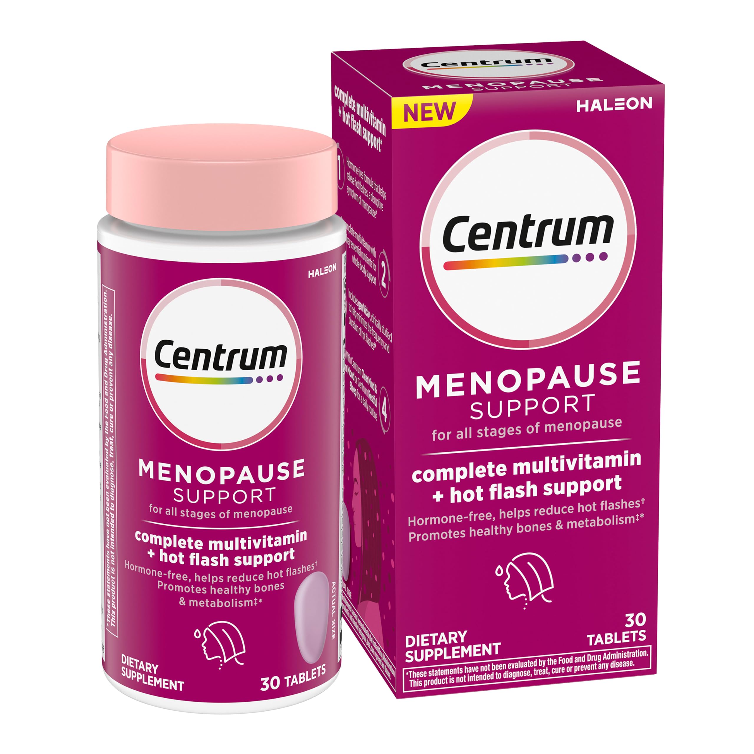 Centrum Complete Multivitamin Supplement, 30 Count | Hot Flash Support Menopause Support Tablets, with Clinically Studied geniVida, Gluten Free, Non-GMO Ingredients