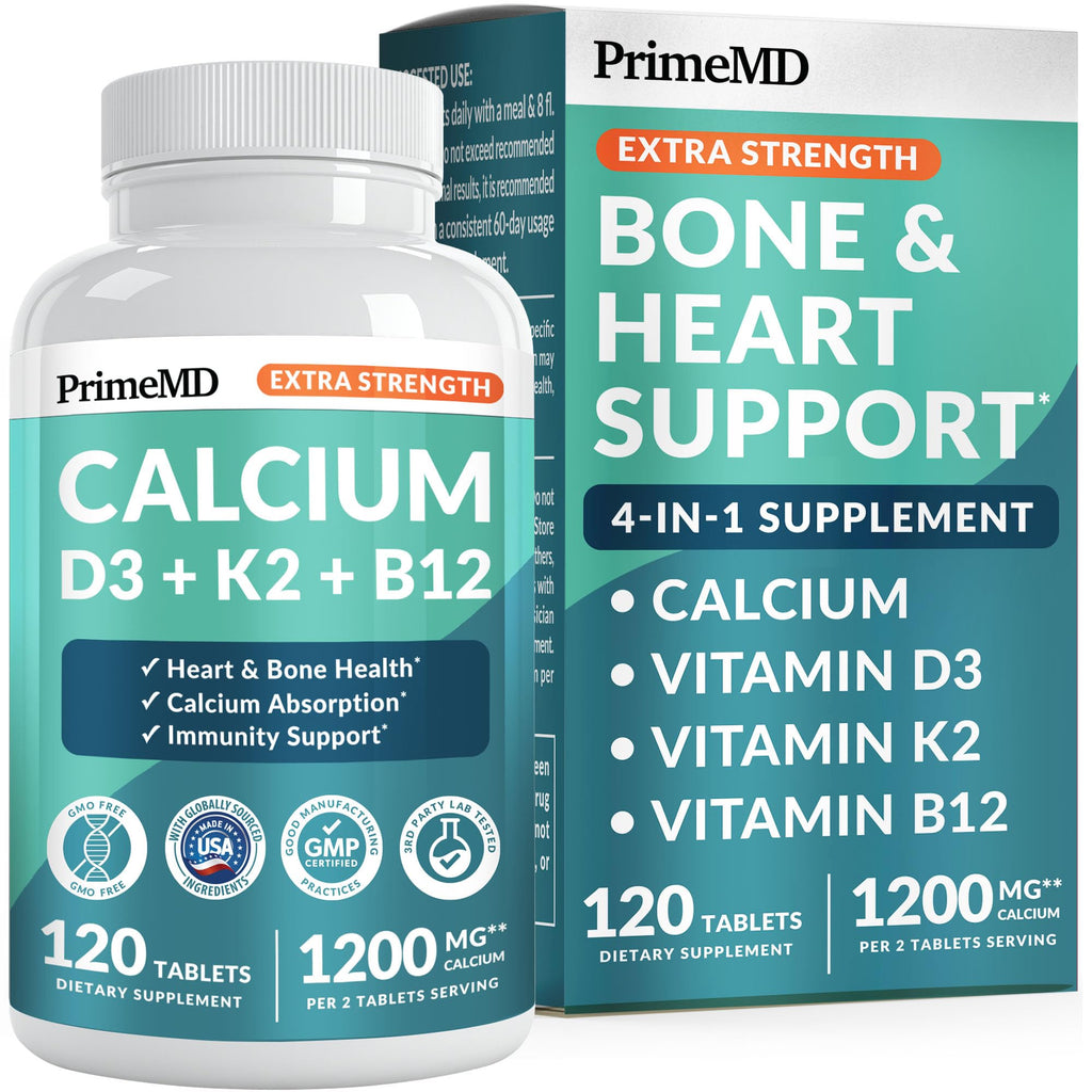 PrimeMD 4-in-1 Calcium 1200mg, Vitamin D3 K2 5000IU, Vegan Non-GMO, 120ct | Bone Health and Everyday Vitality Support, Extra Strength Calcium with Vitamin D3 and K2, Vegan, Non-GMO, Calcium Supplement