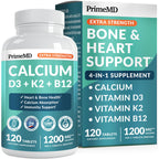 PrimeMD 4-in-1 Calcium 1200mg, Vitamin D3 K2 5000IU, Vegan Non-GMO, 120ct | Bone Health and Everyday Vitality Support, Extra Strength Calcium with Vitamin D3 and K2, Vegan, Non-GMO, Calcium Supplement