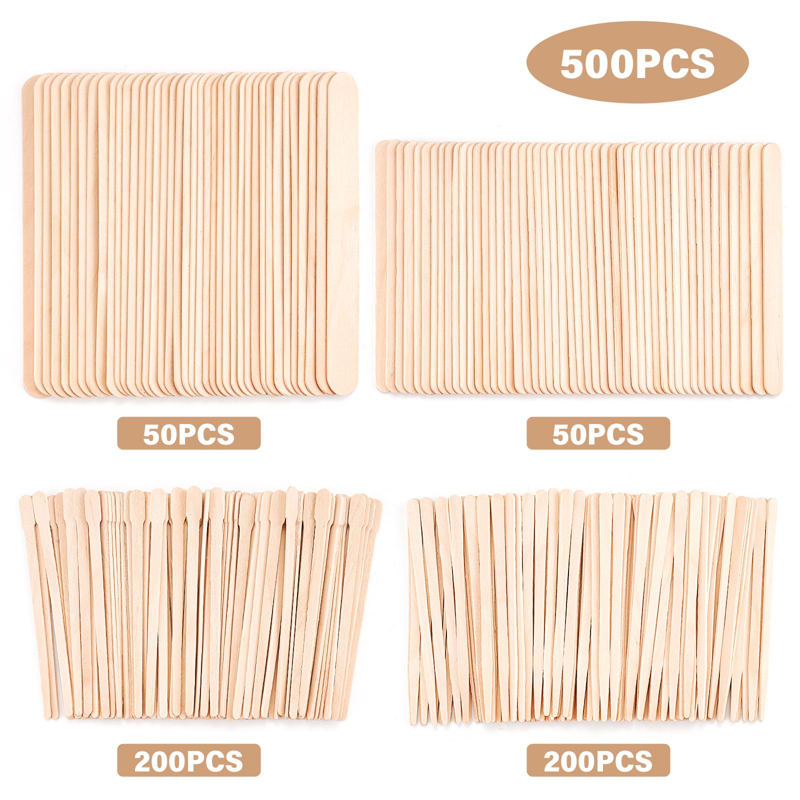 EWVVSS 4 Styles 500 Pcs Waxing Sticks Assorted Wax Applicator Sticks For Body Legs Face With Small Medium Large Sizes Wood Popsicle Sticks For Waxing Or Wood Craft Sticks