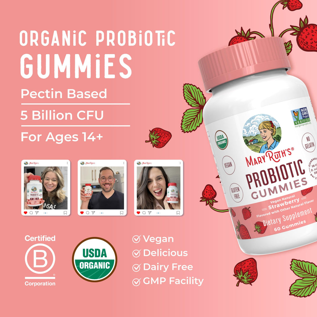 MARYRUTH'S USDA Organic Probiotic Gummies Probiotic Digestive Support | Immune Support | Digestive & Gut Health Supplement | 5 Billion CFU | Vegan | Non-GMO | Gluten Free | 60 Count